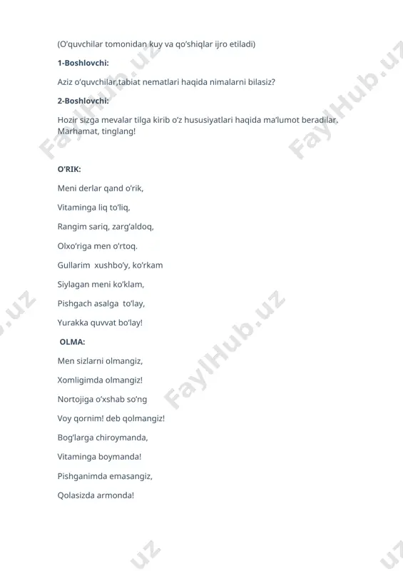vitaminga boymanda! pishganimda emasangiz, qolasizda armonda! gilos: go’zal qizlar labidek yal-yal yonar yanog’im tabiatga ko’rk bergan har bir gulu-yaprog’im. nok: mevam o’xshar olmaga, xa, biroz qarindoshmiz, ra’nodoshlar oilasining madaniylariga boshmiz nihollarim nozikroq, kech kiraman hosilga. lekin parvarish bo’lsa, dehqonni ko’ngli to’lsa sharbatlarga to’laman, rosa quvvat bo’laman! yong’oq: yog’och qobiq ichida moyga to’lganman juda quvvatsizga darmonman vitaminlarga konman. iltimosim bir faqat pishgunimcha qil toqat! yetilib pishib olay, tanangga quvvat bo’lay! ko’ksulton: bolajonlar joniman ko’k meva sultoniman, maza qilib yesangiz vatanimning koniman. 1-boshlovchi: aziz bolajonlar, mana mevalar haqida qancha ma’lumotlarga ega bo’lib oldik. o’ylaymanki, ularning so’zlariga amal qilib, dov-daraxtlarga ozor bermaysiz, mevalarni pishmasdan avval uzmaysiz! 2-boshlovchi: bizning o’quvchilarimiz aqlli, dono, mehnatkash bolalar. ular bog’va tomorqalarda, maktab yer uchastkasida mehnat qilib hosilning mo’l bo’lishida dehqonlarimizga, bog’bonlarimizga shuningdek, o’z ota-onalariga yordam beradilar. hozir ular ishtirokida meva, sazavot va poliz ekinlarining hususiyatlari haqida ma’lumotlarni tinglaymiz. (o’quvchilar ishtirokida meva va sabzavotlar haqida, ularning ahamiyati, o’sish sharoiti, …