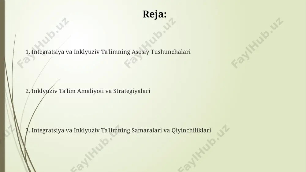 natijalari o'quvchilarning o'ziga xos xususiyatlarini, o'sish dinamikasini va mustaqil fikrlash qobiliyatlarini aks ettirishi kerak. inklyuziv ta'limda baholash jarayonida o'quvchilarning 3 ta asosiy o'rganish sohasidagi yutuqlari (til, matematik, ijtimoiy-emotsional) miqdoriy va sifatli ko'rsatkichlar orqali baholanadi. o'quvchilarning individual ehtiyojlarini hisobga olgan holda, kamida 5 xil baholash usuli (portfel, kuzatish, test, loyiha, og'zaki baholash) qo'llanishi tavsiya etiladi. inklyuziv ta'limning asosiy tamoyillari inklyuziv ta'lim muhitini yaratishda o'qituvchilarning professional kompetentsiyasi, ya'ni kamida 2 yillik inklyuziv ta'lim tajribasi va maxsus treninglar muhim ahamiyat kasb etadi. inklyuziv ta'limning asosiy tamoyillaridan biri barcha o'quvchilarning, shu jumladan 3 dan ortiq turdagi nogironligi bo'lganlarning, o'quv jarayoniga teng huquqli kirishini ta'minlashdan iborat. inklyuziv ta'lim individual yondashuvga asoslanadi, bu esa har bir o'quvchining o'ziga xos ehtiyojlari va imkoniyatlarini, masalan, 5 ta turli o'quv usullarini hisobga olishni nazarda tutadi. qo'llab-quvvatlash xizmatlari kamida 3 turdagi qo'llab-quvvatlash xizmatlari mavjud: individual ta'lim, kichik guruhlarda o'qitish va o'quv jarayonini moslashtirish. har biri turli o'quv ehtiyojlariga javob beradi. …