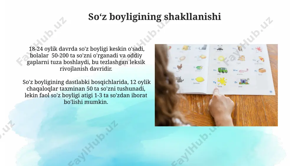 , bu lug'at hajmining individual farqini ko'rsatadi. birinchi so‘zlarning paydo bo‘lishi birinchi so‘zlar odatda oddiy, bitta bo‘g‘inli so‘zlar, masalan, “ona”, “dad”, “yoq” kabi hissiy jihatdan boy so‘zlar bo‘ladi. odatda, bolalar 12-18 oyliklarida birinchi so‘zlarini ayta boshlaydilar, bu davrda ularning lug‘ati taxminan 50 ta so‘zdan iborat bo‘ladi. grammatik tuzilmalarning rivojlanishi 18-24 ойлик болалар оддий икки сўзли гапларни ("она келди", "ит катта") яратишни бошлаб, грамматик тузилмаларни тушуниш ва қўллашнинг дастлабки босқичига киришадилар. 2-3 ёшли болалар феълларнинг замон шаклларини (ўтган, ҳозирги, келажак) нотўғри бўлса ҳам, ишлата бошлашади, бу эса грамматик тузилмаларни ўзлаштиришдаги муҳим ютуқ ҳисобланади. e'tiboringiz uchun rahmat @taqdimot_robot image2.jpg image3.jpg image4.jpg image5.jpg image6.jpg image7.jpg image8.jpg image9.jpg image10.jpg image11.jpg image12.jpg image13.jpg image1.png