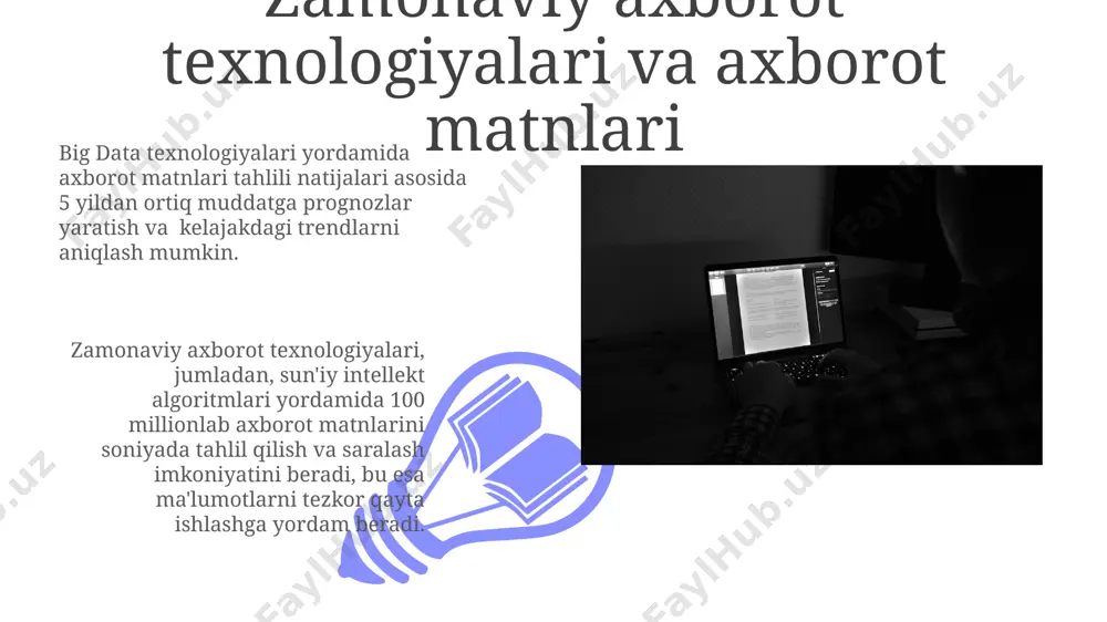 r ko'rsatishi mumkin. axborot matnlarining 70% gacha qismi turli manbalardan olingan bo'lib, ularning ishonchliligi tekshirilmasdan tarqatiladi, bu dezinformatsiya tarqalishining asosiy sabablaridan biridir. kelajakdagi axborot matnlari va media madaniyati 2030 yilga kelib, axborot matnlarining 70% dan ortig'i video va audio formatlarda bo'ladi, bu esa media madaniyatida multi-modal tarkibning ustunligini ko'rsatadi. metaverse texnologiyalari va kengaytirilgan voqelik orqali interaktiv axborot matnlari yaratish imkoniyati paydo bo'ladi, bu esa foydalanuvchilarning 50% gacha jalb etilishini oshirishi mumkin. ommaviy axborot vositalari madaniyati va uning xususiyatlari 01 02 ushbu madaniyatning asosiy xususiyati – axborotning tez tarqalishi va ommaviy iste'mol qilinishi bo'lib, bu esa ma'lumotlarning standartlashuvi va bir xilligini keltirib chiqaradi, shuningdek, 70% dan ortiq odamlarning fikrlash tarziga ta'sir ko'rsatadi. sales 1st qtr 2nd qtr 100 0 sales 1st qtr 2nd qtr 100 0 e'tiboringiz uchun rahmat @taqdimot_robot image4.jpg image5.jpg image6.jpg image7.jpg image8.jpg image9.jpg image10.jpg image11.jpg image12.jpg image13.jpg image14.jpg image15.jpg image1.jpeg image2.jpeg image3.jpeg