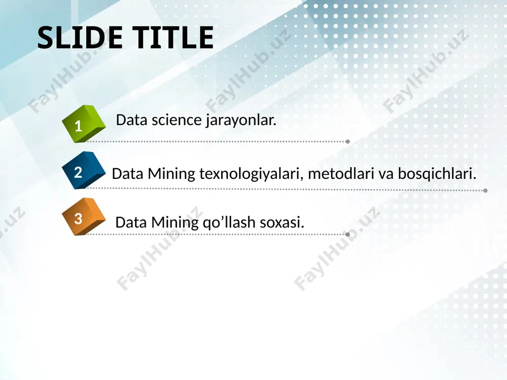 ilma xillik velocity – tezlik data science – bu katta hajimli turli sohalar va jarayonlar, narsalarga doir xilma-xil ma`lumotlarni yuqori tezlikda qayta ishlaydigan fan sohasidir data science jarayonlar data science jarayonlar odatda 6 bosqichda amalga oshiriladi. data science ni amalga oshirish jarayoni data science jarayon deb ataladi. big data ni tashkil topishi bevosita data science jarayonlar bilan bog`liq data science jarayon o`rganish maqsadini belgilash ma`lumotlarni yig`ish ma`lumotlarni tayyorlash ma`lumotlarni o`rganish ma`lumotlarni modellashtirish tasvirlash va avtomatlashtirish data mining texnologiyalari, metodlari va bosqichlari. data mining – so`zi ma`lumotlarni qazib olish, ma`lumotlarni intellektual tahlil qilish, ma`lumotlarni chuqur tahlil qilish degan ma`nolarni anglatadi. data mining termini fanga 1989 yilda gregory piatetsky-shapiro tomonidan kiritilgan. data mining data mining - inson faoliyatining turli sohalarida qarorlar qabul qilish uchun zarur bo'lgan ma'lumotlarda ilgari noma'lum, ahamiyatsiz, lekin amaliy foydali va foydalanish mumkin bo'lgan bilimlarni, ma`lumotlarni aniqlash usullari, to'plamlari hamda texnologiyalar majmuasidir. data mining vazifalari data miningni ma'lumotlarni qidirish …