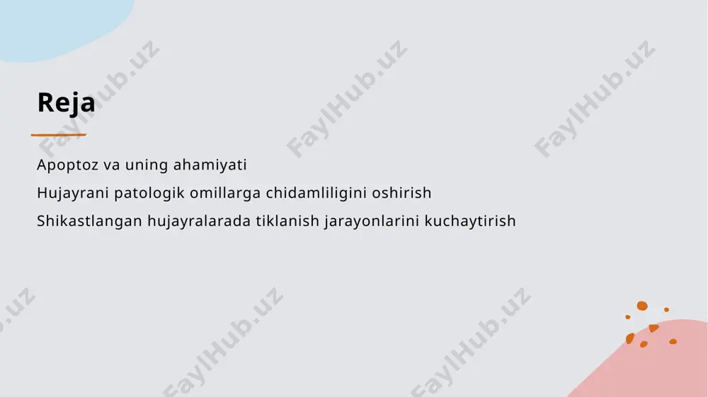 ing chidamliligini oshirish va tiklanish jarayonlarini yaxshilashga qaratilgan innovatsion yondashuvlarni taklif etmoqda. apoptoz jarayonining nazorati va terapevtik imkoniyatlari. apoptoz nazorati apoptoz jarayoni hujayralar hayotini boshqarish uchun muhim. uning nazorati, hujayra o'lumi va yashashi o'rtasidagi muvozanatni saqlaydi. terapevtik imkoniyatlar apoptozni nazorat qilish orqali, turli kasalliklar uchun yangi terapevtik strategiyalar ishlab chiqish mumkin. bu, saraton va autoimmun kasalliklar kabi holatlarda muhimdir. dori vositalari apoptoz jarayonini boshqaruvchi dori vositalari, hujayralarning o'limini tezlashtirish yoki tiklanish jarayonlarini kuchaytirishga yordam beradi. bu, klinik amaliyotda qo'llaniladi. genetik yondashuvlar genetik modifikatsiyalar va epigenetik ta'sirlar, apoptozni nazorat qilishda muhim rol o'ynaydi. bu yondashuvlar, hujayralarning chidamliligini oshirishga yordam beradi. hujayralarning patologik omillarga chidamliligini oshirishning biologik mexanizmlari. 1 hujayra stressi hujayralar patologik omillarga duch kelganda stressga uchraydi. stress reaktsiyalari hujayralarning chidamliligini oshirishda muhim rol o'ynaydi. 2 antioxidant himoya antioxidantlar hujayralarni zararlanishdan saqlaydi. ular oksidlanish stressini kamaytirish orqali hujayralarning sog'lig'ini saqlashga yordam beradi. 3 genetik javob genetik mexanizmlar hujayralarning patologik omillarga chidamliligini …
