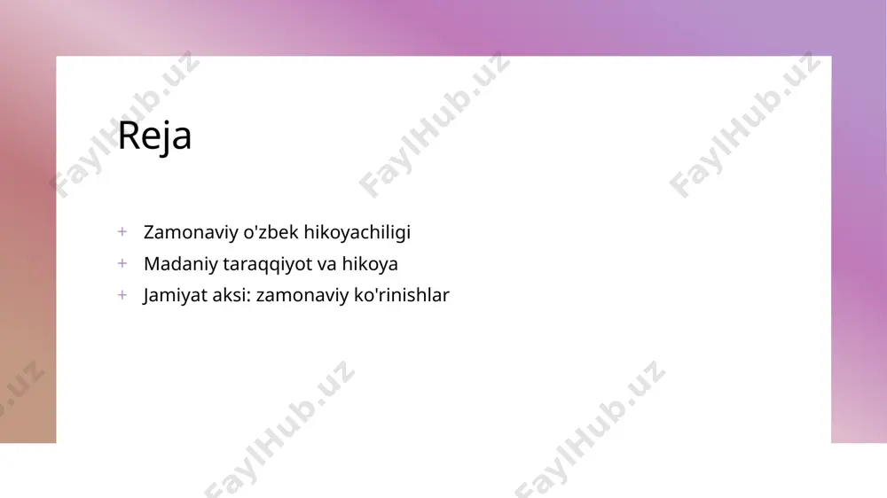 zbekistonning madaniy konteksti: hikoyachilikda aks etishi. 1 o'zbekistonning madaniyati o'zbekistonda o'ziga xos madaniyat shakllangan, unda an'anaviy qadriyatlar va zamonaviy ta'sirlar birlashib, hikoyachilikda aks etadi. 2 hikoyachilik va tarix o'zbek hikoyalari, milliy tarix va madaniyatni aks ettirib, xalqning shaxsiy va ijtimoiy tajribalarini o'zida mujassamlashtiradi. 3 zamonaviy ijtimoiy muammolar o'zbek hikoyalarida zamonaviy ijtimoiy masalalar, masalan, gender tengligi va migratsiya masalalari, chuqur tahlil qilinadi va muhokama etiladi. zamonaviy hikoyachilikda xarakterlar va ularning roli. 1 xarakterlarning roli - zamonaviy o'zbek hikoyachiligida xarakterlar, hikoyaning asosiy elementlari bo'lib, o'quvchilar bilan hissiy aloqani o'rnatishda muhim ahamiyatga ega. 2 ijtimoiy kontekst - xarakterlar, o'zlarining ijtimoiy holatlari va muammolari bilan, zamonaviy jamiyatdagi o'zgarishlarni aks ettiradi va o'quvchilarga chuqur tahlil qilish imkoniyatini beradi. 3 gender va xilma-xillik - zamonaviy hikoyalarda gender rollari va xilma-xillik, xarakterlar orqali muhokama qilinadi, bu esa o'zbek hikoyachiligida yangi yondashuvlarni keltirib chiqaradi. o'zbek hikoyalarida ijtimoiy muammolar va ularning yoritilishi. 01 ijtimoiy muammolar o'zbek hikoyalarida ijtimoiy muammolar, …