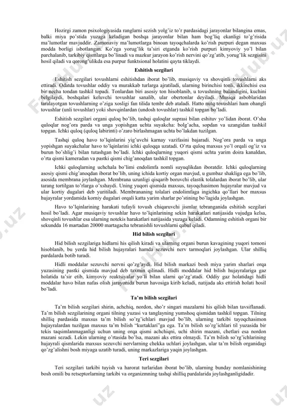 hlanadi , bolada esa xatti–harakatning keskin o’zgarishiga sabab bo’ladi. chunki bola tana a’zolaridagi ichki holatini anglash, his qilish imkoniyatiga ega emas. shuning uchun undagi xatti-harakatning umumiy o’zgarishi belgilardan buni sezish mumkin. interoretseptiv sezgilar organizmdagi ichki jarayonlarni o’zaro o’rin almashtirish muvozanatini ta’minlab turishning asosi hisoblanadi. bu jarayonni bir so’z bilan aytganda, organizmdagi jarayonlarni o’zaro o’rin almashib turishning gemostazi (barqarorligi) deb ataladi. shuningdek, mazkur sezgilar insonda yuzaga keladigan pulьs, zo’riqish, affekt holatlarini yo’qotish, tug’ilib kelayotgan mayllarni qondirish bilan bog’liq vazifani bajaradi. natijada ichki tana a’zolarining faoliyatini izdan chiqarish holati yuz berishi mumkin. interoretseptiv sezgilarning fiziologik mexanizmlari interotseptsiya bilan birgalikda k.m.bikov, v.n. chernigovkiylar tomonidan atroflicha o’rganilgan. ularning fikriga ko’ra, bu narsalarning barchasi shartli reflektor faoliyati mexanizmlaridan kelib chiqqadi propriotseptiv sezgilar gavdaning fazodagi holati to’g’risida signallar bilan ta’minlab turadi. ular inson harakatining boshqaruvchisi hisoblanib va afferent asosini tashkil qiladi. pereferik retseptorlar muskullar, pay va bo’g’imlarda joylashgan bo’lib, maxsus tanachalar shakliga ega va ular puchchini …