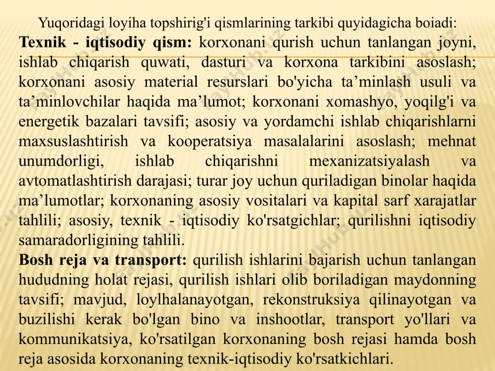di? 3. konstruksiya bayonida nimalarni yoritilishi kerak? 4. hozirgi zamon samarali ishlab chiqarishini yaratish uchun nimalar talab qilinadi? 5. loyihalashdan oldin qaysi bosqichlardan o‘tiladi? 6. tekshirishning asosiy maqsadi nima? 7. ishlab chiqarishni rekonstruksiya qilishdan oldin tadqiqot qilish qismlari nimalardan iborat bo ladi? 8. yangi ishlab chiqarishni loyihalashdagi asosiy toshiriqlarni ko'rsating. 9. hozir ishlab turgan ishlab chiqarishni rekonstruksiyalashning loyihalashdagi vazifalarini belgilab bering. 10. mexanika-yig'uv ishlab chiqarishini loyihalashda qanday asosiy qismlar mavjud? 11. topshiriq tarkibiga nimalar kiradi? 12. topshiriqqa qanday talablar qo'yiladi? 13. texnik iqtisodiy asoslash qanday ishlab chiqiladi? 14. sanitar himoya zonasini qaysi maqsadda tashkil etiladi? 15. sanitar himoya zonasi nima? image3.png image4.png image5.png /docprops/thumbnail.jpeg