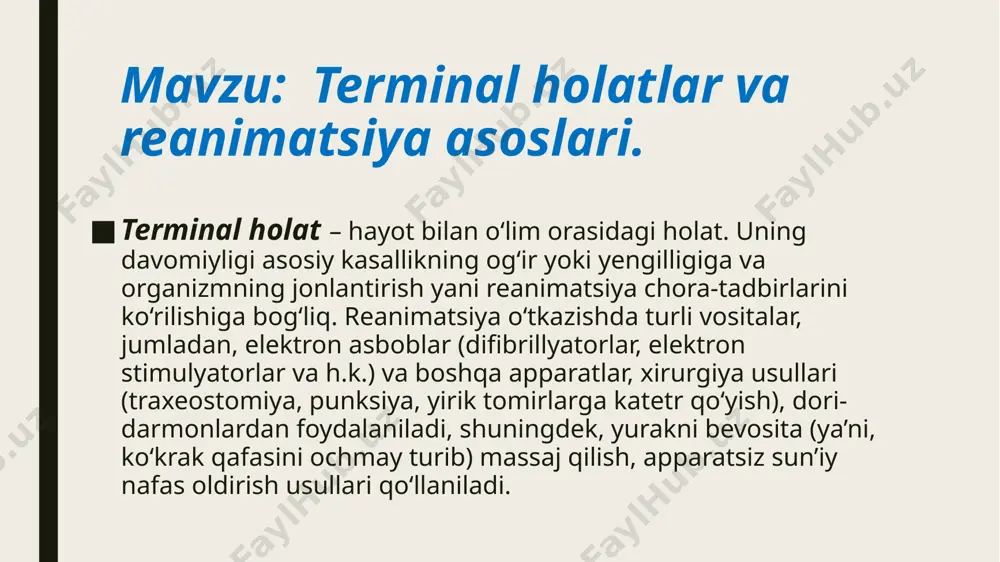 ar nafasda terminal pauza bilan tugaydi va bunda kuzatiladi. 1. bradikardiya ( asistoliyagacha ) 2. aqb nolgacha tushishi 3. adinamiya 4. arefleksiya terminal pauza davomiyligi bir necha sekunddan 2-4 minutgacha bo’lishi mumkin. agoniya- bu organizm hayot davomiyligining oxiri hisoblanadi. bunda kuzatilishi mumkin: 1. xushning qisqa muddatli yaxshilanishi. 2. yurak va nafas harakatlarining vaqtinchalik kuchayishi ( patologik nafas) 3. aqb vaqtinchalik ko’tarilishi. agoniya – organizmning o’lim bilan kurashishi yakuni hisoblanib, reanimatsion yordam berilmagan hollarda o’lim bilan tugaydi. klinik o’lim- agoniya holatidan keying bosqich hisoblanadi va hayot o’lim o’rtasidagi o’tuvchi, hayotiy funksiyalarni qaytuvchi davrdir. bu qon aylanishining to’xtashi bilan boshlanadigan bosqichdir. klinik o’lim davrining davomiyligi bosh miya hujayralarining gipoksiyaga chidamligiga bog’liq, ko’p hollarda 4-7 minutni tashkil etadi klinik o’lim davomiyligi quyidagilarga bog’liq: 1. organizm yoshi va holatiga 2. keltirib chiqaruvchi sababning turi va sharoitiga 3. organizm qo’zg’alish aktivligiga bog’liq. klinik o’lim belgilari: 1. yurak faoliyatining to’xtashi- qon aylanishini to’satdan to’xtashining asosiy belgilaridan …