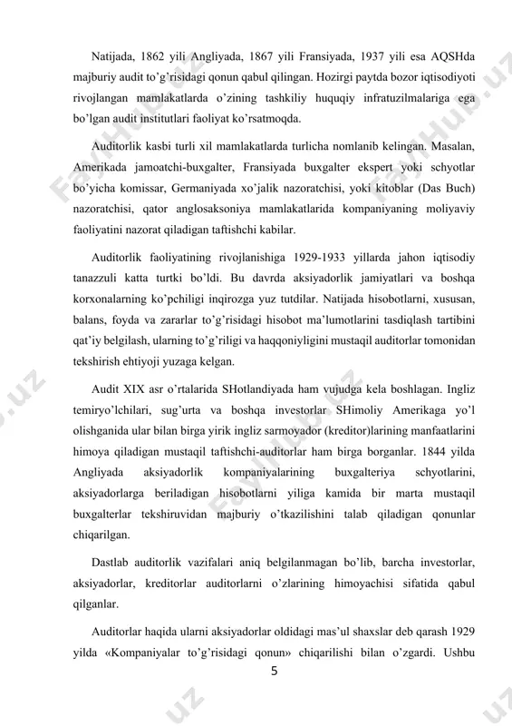 u qonunga muvofiq barcha kompaniyalar o’zlarining moliyaviy hisobotlarida foyda va zararlarni majburiy ravishda ko’rsatishlari belgilab qo’yildi. тarixiy manbalardan ma’lumki, markazlashgan davlatchilikning barpo bo’lishi hamda rivojlanishi natijasida mamlakatni boshqarish uchun hisob, nazorat va moliya ishlariga zaruriyat kuchaygan. ularning ildizlari insoniyatning uzoq tarixiga borib taqaladi. masalan, auditorlik professor p. i. kamishanov ma’lumotlariga ko’ra taxminan eramizdan oldingi 200 yillarda kasb sifatida shakllana boshlagan. bu paytlarda kvestorlar ya’ni rim imperiyasi davrida moliya va sudlov ishlarini olib boruvchi mansabdor shaxslar joylardagi hukumat buxgalterlari ustidan nazorat qilib turganlar. kvestorlarning hisobotlari rimga yuborilib, imtihon qiluvchilar tomonidan eshitilgan. «auditor» lotinchadan «eshituvchi» degan tushuncha ham shundan kelib chiqqan. demak, «audit» tushunchasi lotincha bo’lib, «auditing» - aynan tarjimasi «u eshitayapti», «eshituvchi» degan ma’nolarni bildiradi. amir тemur tuzuklarida ham hisob, moliya va nazorat ishlari mamlakatni boshqarishda muhim vosita bo’lganligi haqida qimmatli ma’lumotlar mavjud. masalan, «raiyatdan mol-xiroj olish, mamlakatni tartibga keltirish, uning obodonchiligi, xavfsizligini amalga oshiruvchi kishilar tuzugi»da saltanatni boshqarishda hisob va …