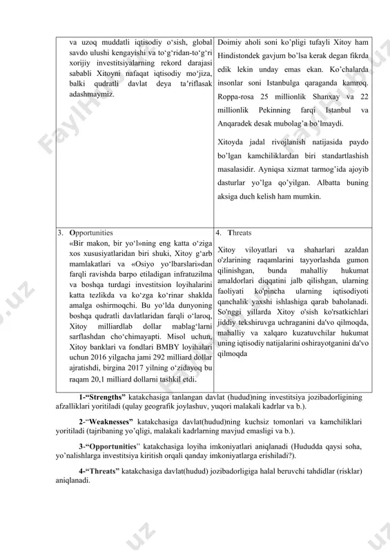 katdagi tez va uzoq muddatli iqtisodiy o‘sish, global savdo ulushi kengayishi va to‘g‘ridan-to‘g‘ri xorijiy investitsiyalarning rekord darajasi sababli xitoyni nafaqat iqtisodiy moʻjiza, balki qudratli davlat deya taʼriflasak adashmaymiz. 2. weaknesses doimiy aholi soni ko’pligi tufayli xitoy ham hindistondek gavjum bo’lsa kerak degan fikrda edik lekin unday emas ekan. ko’chalarda insonlar soni istanbulga qaraganda kamroq. roppa-rosa 25 millionlik shanxay va 22 millionlik pekinning farqi istanbul va anqaradek desak mubolag’a bo’lmaydi. xitoyda jadal rivojlanish natijasida paydo bo’lgan kamchiliklardan biri standartlashish masalasidir. ayniqsa xizmat tarmog’ida ajoyib dasturlar yo’lga qo’yilgan. albatta buning aksiga duch kelish ham mumkin. 3. opportunities «bir makon, bir yo‘l»ning eng katta o‘ziga xos xususiyatlaridan biri shuki, xitoy g‘arb mamlakatlari va «osiyo yo‘lbarslari»dan farqli ravishda barpo etiladigan infratuzilma va boshqa turdagi investitsion loyihalarini katta tezlikda va ko‘zga ko‘rinar shaklda amalga oshirmoqchi. bu yo‘lda dunyoning boshqa qudratli davlatlaridan farqli o‘laroq, xitoy milliardlab dollar mablag‘larni sarflashdan cho‘chimayapti. misol uchun, xitoy banklari va fondlari …