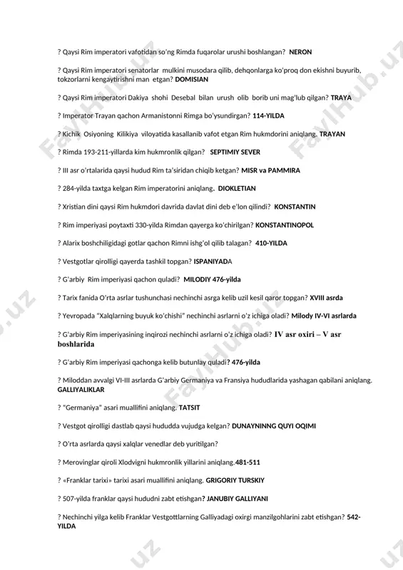 -yilda ? miloddan avvalgi 31-yilda oktavian va antoniy o’rtasidagi jang qayerda bo’lib o’tmoqda? aksiy burni yaqinidagi joyda ? oktavian davrida rim qo’shini soni qanchaga yetdi? 300ming ? oktavian qachon rimning yagona hukmdoriga aylandi? mil. avv 29-yilda ? oktavian vafotidan so’ng rimda kim hukmronlik qilgan? o`g`li tiberiy ? qaysi rim imperatori o’ziga qarshi suyiqasd uyushtirgan fitnachilarni fosh etib, ularning ba'zilarini qatl ettirgan, ba'zilarini o’zga yurtlarga surgun qilgan? klavdiy ? qaysi imperator davrida rimga shimoliy afrikadagi mavritaniya bo’ysundirilgan?klavdiy ? qaysi rim imperatori vafotidan so’ng rimda fuqarolar urushi boshlangan? neron ? qaysi rim imperatori sеnatorlar mulkini musodara qilib, dеhqonlarga ko’proq don ekishni buyurib, tokzorlarni kеngaytirishni man etgan? domisian ? qaysi rim imperatori dakiya shohi dеsеbal bilan urush olib borib uni mag’lub qilgan? traya ? imperator trayan qachon armanistonni rimga bo’ysundirgan? 114-yilda ? kichik osiyoning kilikiya viloyatida kasallanib vafot etgan rim hukmdorini aniqlang. trayan ? rimda 193-211-yillarda kim hukmronlik qilgan? septimiy sever ? iii …