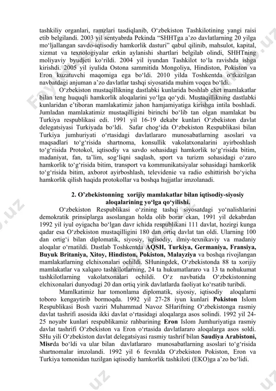 i qo‘llab-quvvatlashga qaratilgan. o‘zbekistonning 1996 yil lissabon sammitida ishtiroki respublika rahbariyatining xavfsizlik doirasiga kiruvchi qarashlarini bayon etishga ham imkon berdi. anjumanda o‘zbekiston xavfsizlik muammosiga doir o‘z qarashlarini bayon etish huquqiga ega bo‘ldi. markaziy osiyo mintaqasini yadro qurolidan xoli zona deb e’lon qildi. 1999-yil 18-19-noyabr kunlari mazkur tashkilotga a’zo 54 mamlakat rahbarlari uchun turkiyaning istambul shahrida oliy darajadagi uchrashuvda prezident xalqaro terorrizmga qarshi markazini tuzish taklifi bilan chiqdi. 1996 yilning boshlarida o‘zbekistonda britaniya kengashi bo‘limining ish boshlashi hamkorlikni mustahkamlash va kengaytarish yo‘lidagi yangi qadam bo‘ldi. o‘zbekistonning niderlandiya, finlyandiya, avstriya, belgiya, shveysariya, italiya, ispaniya, gretsiya, polsha, vengriya, chexiya, slovakiya, xorvatiya, bolgariya kabi evropa mamlakatlari bilan siyosiy, diplomatik, iqtisodiy va madaniy aloqalari o‘rnatildi va kengayib bormoqda. shveysariyaning altendorf shahrida o‘zbekiston savdo uyining ochilishi muhim voqea bo‘ldi. bu maskan bugungi kunda savdo uyigina bo‘lib qolmay, o‘zbekistonning evropa va jahonda biznes va savdo markazi hisoblanadigan mamlakat - shveysariyadagi vakolatxonasiga ham aylandi. 1995 yil oktyabrda jenevada …