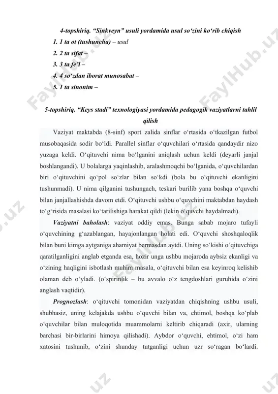 an keyin hal qilamiz – stadion munosabatlarni hal qiladigan joy emas va biz o‘yinni davom ettirishimiz kerak", so‘ngra ushbu o‘quvchiga quyidagi so‘zlar bilan murojaat qilishi: “sizdan bunday so‘zlarni eshitish juda yoqimsiz va haqoratli edi. ehtimol, siz ularni hayajonlanib, ataylab aytmagansiz, lekin men kechirim so‘rab, bu narsa takrorlanmasligini istardim». shunday qilib, o‘qituvchi o‘quvchilarga har qanday nizolardan oqilona yo‘l topish mumkinligini ko‘rsatib berardi. mavzuni mustahkamlash uchun boshqotirma t a ’ l i m savollar 1. … – muayyan, aniq maqsad hamda ijtimoiy tajriba asosida shaxsni har tomonlama o‘stirish, uning ongi, xulq-atvori va dunyoqarashini tarkib toptirish jarayonidir 2. ta’limni tashkil etishning asosiy shakli 3. ta’lim-tarbiya natijasida o‘zlashtirilgan va tizimlashtirilgan bilim, hosil qilingan ko‘nikma va malakalar hamda tarkib topgan dunyoqarash majmui 4. eng ko‘p qo‘llaniladigan dars turi 5. pedagogikaning tarkibiy qismlaridan biri bu ta’lim jarayoni, ya’ni … 6. sinf-dars tizimini fanga kiritgan buyuk pedagog