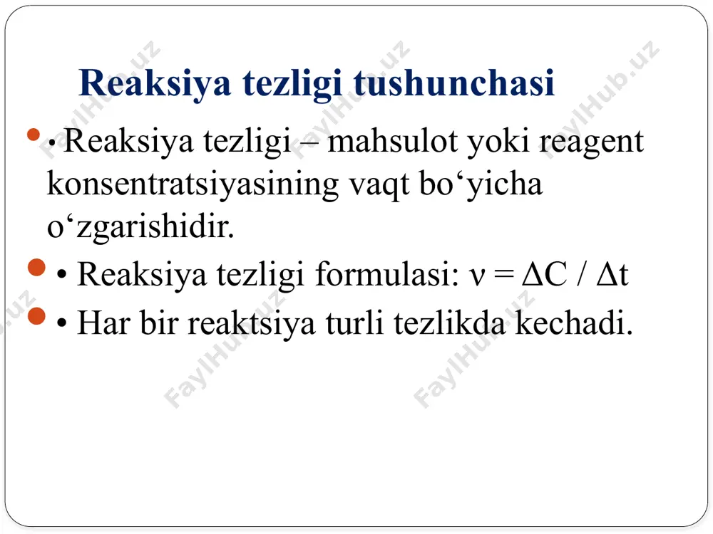 kirishishi ularning tabiati ya’ni elektron berish xossasi bilan izohlanadi. kaliy atomini radiusi kattaroq bo‘lgani uchun uni elektronni berishi litiyga nisbatan tezroq amalga oshadi. reaksiyani tezligi moddalarning konsentratsiyasiga ham bog‘liq bo‘ladi. konsentratsiyaning ta’siri • konsentratsiya oshganda zarrachalar to‘qnashish ehtimoli ortadi. • masalan, hcl eritmasining turli konsentratsiyalarida zn bilan reaksiyasi tezligi farqlanadi. harorat ta’siri • harorat oshganda molekulalar tezroq harakatlanadi va to‘qnashish ehtimoli ortadi. • misol: na₂s₂o₃ va hcl reaksiyasi harorat oshganda tezlashadi. reaksiya tezligining haroratga bog’liqligi vant goff qonuni yordamida tushuntiriladi. u quyidagicha ta’rifga ega: harorat har 10° ga (kelvin k° yoki selsiy c°) o‘zgartirilganda (oshirilganda yoki kamaytirilganda) reaksiya tezligi 2 – 4 marta o‘zgaradi (ortadi yoki kamayadi). harorat ortsa reaksiya tezlashadi, harorat pasayganda reaksiya sekinlashadi. haroratning har 10°c ( yoki 10°k ) o‘zgarishida tezlikni necha marta o‘zgarishini ko‘rsatuvchi songa reaksiyaning harorat koeffitsiyenti deyiladi. agar temperatura 10°c ga ortganida tezlik 4 marta oshsa, ushbu reaksiya uchun harorat koeffitsiyenti “4” ga teng …
