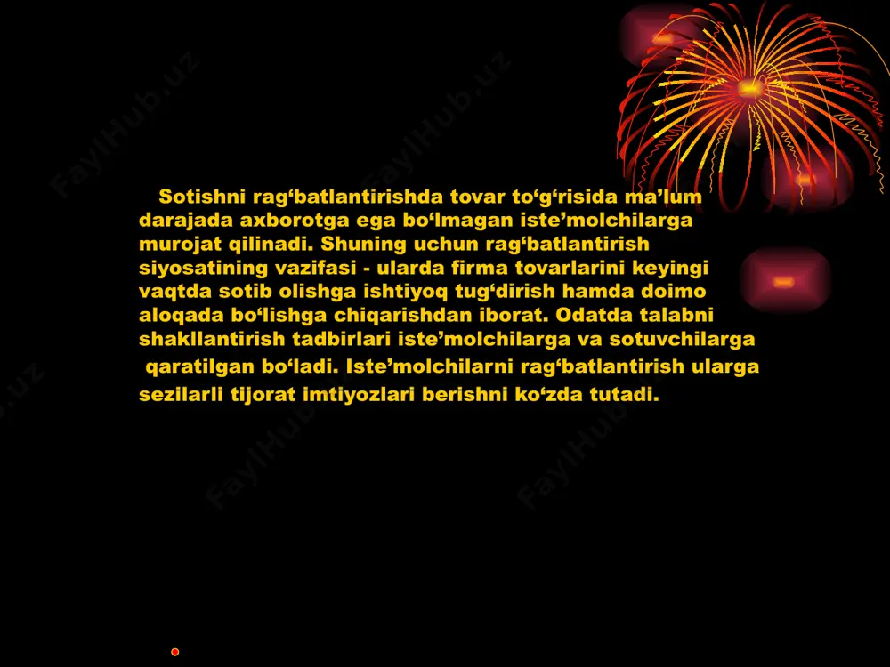 hilar, ta’minotchilar, aksionerlar, boshqaruv organlariga firmadan yuboriladigan signallar majmuini tushunamiz. kommunikatsiya siyosati (promotion mix) – bu tovarni bozorga siljitish usullari yig‘indisidir. kommunikatsiyaning asosiy vositalari bo‘lib pablik rileyshnz – jamoat bilan aloqa; reklama; sotishni rag‘batlantirish; maxsus ko‘rgazmalar; shaxsiy sotuv hisoblanadi. savdoni avj oldirish-shaxsiy reklama va shaxsiy savdoni to‘ldiruvchi hamma tovarni sotishni tezlashtirish va ma’lum kengaytirishga qaratilgan vaqtincha choralarni o‘z ichiga oladi. jamoatchilik bilan aloqa - aniq maqsadga qaratilgan xarajatlar yordamida tashkilot va uning turli auditoriyalari orasida, o‘zaro bir-birini tushunish va ishonchli ruxiy holat yaratishga xizmat qiladi. bu yerdagi kommunikatsiyaning maqsadi faqat sotishgina emas, balki firma faoliyatini qo‘llab-quvvatlash hamdir. bu an’anaviy muloqot vositalaridan tashqari quyidagi bevosita kommunikatsiya turlari: salonlar, yarmarkalar, ko‘rgazmalar, pochta orqali tarqatish, telemarketing, kataloglar orqali savdo ham mavjud. foydalanilgan saytlar: https://uz.wikipedia.org/wiki/marketing_kommunikatsiyalari https://soff.uz/product/iqtisodiyot-kommunikatsiya-siyosati-2 https://www.collegesidekick.com/study-docs/6850856 https://slib.uz/uz/article/view?id=17024 https://bestjournalup.com/index.php/ispc/article/view/763 11 image1.jpeg image2.jpeg image3.jpeg /docprops/thumbnail.jpeg