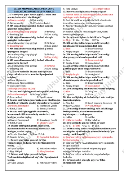 xix asr o‘rtalarida o‘rta osiyo davlatlari tarixi bo‘yicha test savollari — DOCX