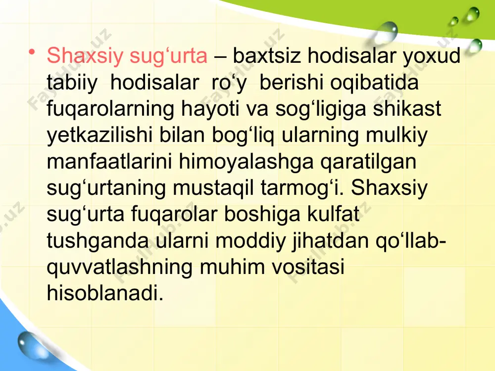 a qonunga ko‘ra yuridik va jismoniy shaxslarni yozma arizasi asosida tuziladi. shartnoma tuzishdan oldin sug‘urta tashkiloti o‘z mijozlariga sug‘urta xizmatini taklif etadi. yuridik va jismoniy shaxslar sug‘urta shartnomasi tuzishdan oldin albatta sug‘urtalovchining moliyaviy holati, litsenziyasi mavjudligi bilan qiziqishi lozim. fuqarolarni baxtsiz hodisalardan ixtiyoriy sug‘urtalash sug’irtalovchi quyidagilar bilan shartnoma tuzmaydi; 1 3 5 4 2 eshitish qobiliyati zaif bo‘lgan nogiron shaxslar ruxiy kasallikka duchor bo‘lgan falaj ko‘zi ojiz shaxslar quyidagi hollarda sug’urta summasi to’lab beriladi; - jarohat olganda; - suyaklarni sinishi, chiqishi; - ichki organlarni zararlanishi; - kuyishi; - teri qatlamlarini sovuq urishi; - elekt toki ta’sirida jarohatlanishi; - kimyoviy moddalar va zararli o‘simlik ta’sirida zararlanishi; - tish sinishi. quyidagi hollarda sug’urta summasi to’lanmaydi; - yadro portlashi; - radiatsiya va nurlanish; - sug‘urtalangan shaxsning atayin hatti-harakati natijasida baxtsiz hodisalar yuz berganda, o‘z joniga qasd qilganda va jinoiy harakatlar natijasida ro‘y berishi. sug‘urtalanuvchi majburiyatlari: sug‘urta shartnomasida ko‘rsatilgan muddat va shartlarda sug‘urta mukofotlarini …