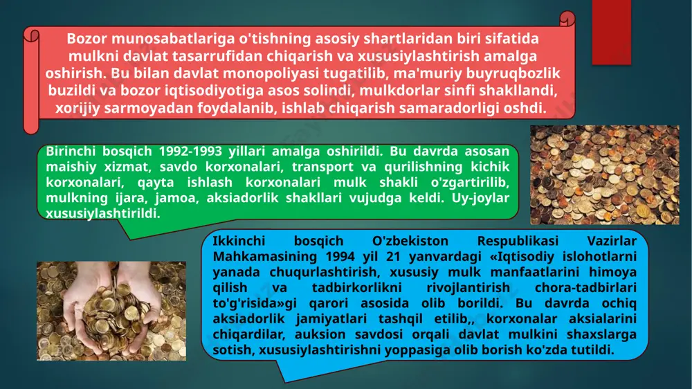 liard 200 million aqsh dollaridan ortiq nizom jamg‘armasiga ega bo‘lgan o‘zbekiston respublikasi tiklanish va taraqqiyot fondi faoliyatiga katta ahamiyat berildi. yaqin istiqbolda ushbu fond aktivlarini 5 milliard dollarga yetkazish ko‘zda tutildi. o‘tgan ikki yil mobaynida o‘nlab yirik sanoat va infratuzilma inshootlarini moliyalashtirish va hamkorlikda moliyalashtirish uchun fond tomonidan 550 million aqsh dollaridan ziyod miqdorda kreditlar ajratildi oʻzbekistonda bozor islohotlari 1991-yildan — mustaqillik eʼlon qilingandan soʻng boshlangan. prezident i.a. karimov asoslab bergan besh tamoyil bozor islohotlari strategiyasi va taktikasining konseptual asosini tashkil etadi. 1991-yildan 1994-yilning oʻrtalarigacha davom etgan bozor islohotlari birinchi bosqichida islohotlarning huquqiy negizi yaratildi, kichik xususiylashtirish amalga oshirilib, mahalliy sanoat, savdo-sotiq, maishiy xizmat sohalari davlat tasarrufidan chiqarildi, iqgisodiyotning nodavlat sektoriga asos solindi. foydanildan adabiyotlar: муртазаева р.х. ва boshqalar. o`zbekiston tarixi. o`quv qo`llanma. . –т.:аkademiya 2010. oblomurodov n., va boshqalar. o`zbekiston tarixi. o`quv qo`llanma. –t.: yangi asr avlodi, 2011. o'zbekiston respublikasi prezidenti sh. mirziyoevning 2018 yil 5 iyundagi "oliy ta'lim …