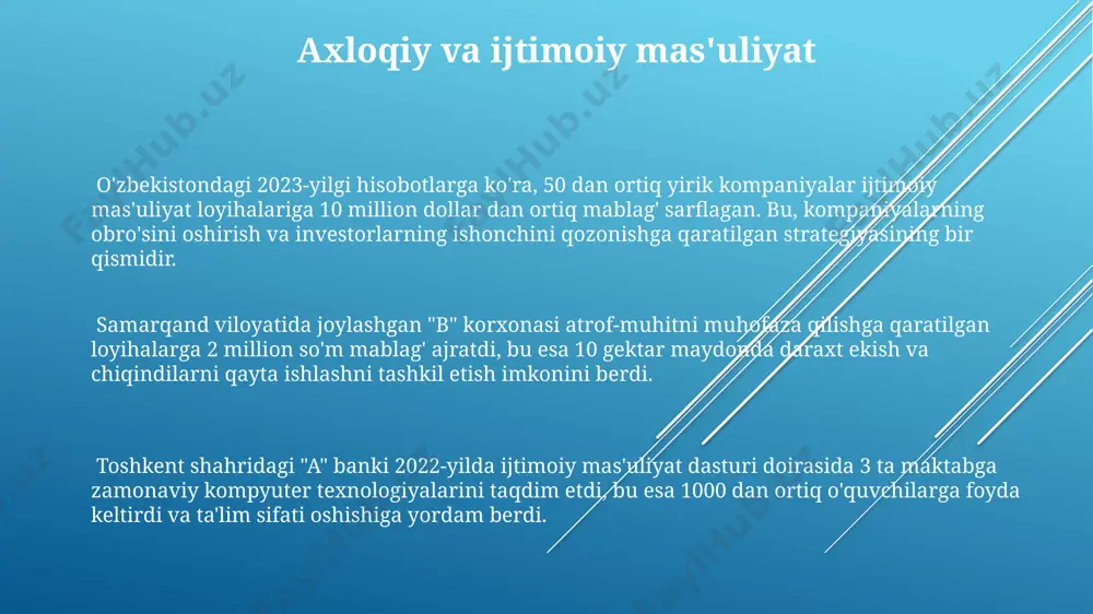 23 yilgi moliyaviy hisobotlarini tahlil qilish orqali, masalan, toshkentdagi kompaniyaning rentabellik koeffitsiyentlarini aniqlashga yordam beradi. korporativ boshqaruv korporativ boshqaruvning samaradorligi, 2023-yil ma'lumotlariga ko'ra, aqsh kompaniyalarining 80%ida investorlarning qimmatli qog'ozlarga bo'lgan ishonchini oshirishga yordam bergan. o'zbekiston respublikasida 2018-yildan buyon joriy etilgan korporativ boshqaruv ko'rsatkichlari, 5 yil ichida yirik kompaniyalarning moliyaviy shaffofligini 30% ga oshirdi. jahon banki ma'lumotlariga ko'ra, yaxshi korporativ boshqaruvga ega bo'lgan 100 ta yirik kompaniya orasida, evropa mamlakatlaridan 45 tasi, yuqori darajadagi rentabellikka erishgan. vaqt qiymati pulning to'g'ri investitsiya qarorlarini qabul qilish uchun moskva kabi yirik shaharlardagi loyihalarni baholashda pulning vaqt qiymati muhim ahamiyatga ega, chunki kelajakdagi daromadlar bugungi kunga qaytarilishi kerak. pulning vaqt qiymati 10% lik foiz stavkasi bilan 10 yil ichida 1000 aqsh dollari miqdoridagi investitsiyaning 2594 aqsh dollarigacha o'sishi mumkinligini ko'rsatadi. pulning vaqt qiymati printsipi, 5% lik diskont stavkasidan foydalanib, 20 yildan keyin olinishi kutilayotgan 50,000 evro miqdoridagi daromadning bugungi kun qiymatini aniqlashda qo'llaniladi. moliyaviy boshqaruvning …
