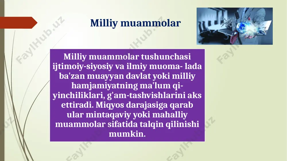 iiy yoki sun'iy yo'l bilan tiklash mumkin bo'lgan resurslarga (gidroenergiya, yog'och, quyosh ener- giyasi va sh.k.) va miqdori mavjud tabiiy zahiralar bilan chegara- langan tiklanmaydigan resurslarga (neft, ko'mir, tabiiy gaz, har xil rudalar va minerallar) bo'linadi. urush va tinchlik muammosi. harbiy soha jamiyat hayotining eng isrofgar sohasi hisoblanadi. ayni shu sababli jamiyat hayotidan urushni bartaraf etish va yerda mustahkam tinchlikni ta'minlash butun dunyoda mavjud barcha global muammolar orasida eng muhimi deb e'tirof etiladi. uning keskinligi barcha zamonlarda hech qachon pasay- magan bo'lsada, xx asrda u nafaqat ayrim kishilar, xalqlar, balki butun insoniyat oldiga «o'lish yo qolish?» degan mudhish savolni qo'yib, alohida, fojeaviy mazmun va ahamiyat kasb etdi. global ongni shakllantirish zaruriyati. globallashuv jarayonlarini nazariy jihatdan anglab etish va global muammolarni bartaraf etish nafaqat o'ta og'ir va uzoq davom etadigan, balki kutilgan natijalarga qanday erishish mumkinligi xususida hali aniq javoblar va uzil-kesil echimlarga ega bo'lmagan ishdir. ayni vaqtda aksariyat tadqiqotchilar global …