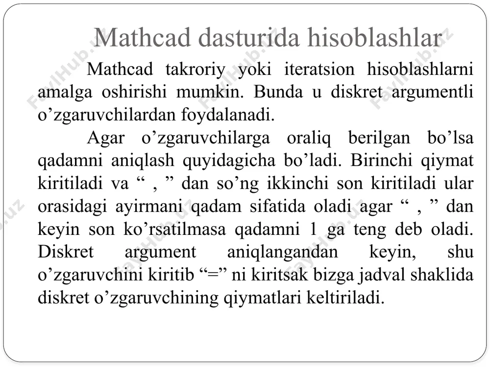 s)… bu dasturiy vositalar bilan bog’lanish quyidagicha amalga oshiriladi. insert/component wizard bo’limini tanlaymiz mathcad dasturini блокнот dasturi bilan o’zaro bog’lash component wizard oynasidan file read or write byrug’ini tanlaymiz next tugmasini bosamiz mathcad and notepad natija quyidagi oyna hosil bo’ladi read from a file fayildan o’qish u/n write to a file fayilga yozish uchun xususiyatlardan biri-ni tanlaganimizdan so’ng далее tugma-sini tanlaymiz file read or write wizard fayildan o’qish u/n bog’langan fayil write to a file write to a file natijalarni fayilga yozish read from a file mathcad excel dasturi bilan bog’lash write to a file file read or write wizard e’tiboringiz uchun raxmat! image2.png image3.jpeg image4.jpeg image5.jpeg image6.png image7.png image8.jpeg image9.png image10.jpeg image11.png image12.png image13.png image14.png image15.png image16.png image17.png image18.png image19.png image20.png image21.png image22.png image23.png image24.png image25.png image26.png image27.png image28.png image29.png image30.png image31.png image32.png image33.png image34.png /docprops/thumbnail.jpeg