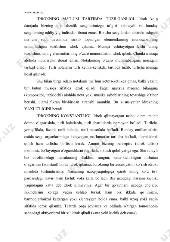 zning pertseptiv (idrok qilish) tizimimiz bo`layotgan o`zgarishlarni tugirlash, tiklash qobiliyatiga ega. shu tufayli biz atrofimizdagi narsalarning shaklini, rangini, katta-kichikligini nisbatan o`zgarmas (konstant) holda idrok qilamiz. idrokning bu xususiyatini ko`rish idroki misolida tushuntiramiz. narsaning uzoq-yaqinligiga qarab uning ko`z to`r pardasidagi tasviri ham kichik yoki katta bo`ladi. biz uzoqdagi narsani kichik, yaqindagini katta deb idrok qilmaymiz. agar bir qo`limizni uzoqqa cho`zib, ikkinchisini ko`zga yaqin ushlab tursak ham biz ikkala qo`limizni, barmoqlarimizni kattargan yoki kichraygan holda emas, balki uzoq yoki yaqin sifatida idrok qilamiz. teatrda orqa joylarda va oldinda o`tirgan tomoshobin sahnadagi aktiyorlarni bir xil idrok qiladi (katta yoki kichik deb emas). idrok jarayonining konstantligi tug`ma emas. masalan, qalin o`rmonda yashovchilar ochiq joylarda (cho`l) uzoqdagi predmetlarni uzoqlikdagi emas, kichik sifatida idrok qiladilar. idrokning konstantligi buzilgan, yoki shakllanmagan bo`lsa kishi balanddan turib pastdagi narsani kichikdek idrok qiladi. bolaligida ko`r bo`lib qolgan bemor 10-12 metr balandlikdagi derazadan pastga bemolol sakrab tushaolsam kerak deb uylagan. chunki …