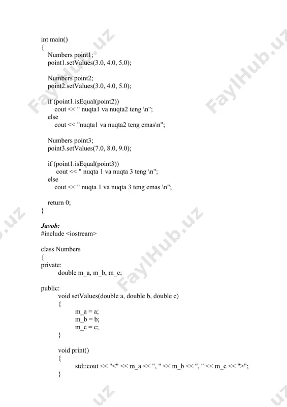 masini quyidagi (bitta) kod qatori bilan almashtirish mumkin return m_array[--m_next]; } void print() { std::cout << "( "; for (int i = 0; i < m_next; ++i) std::cout << m_array[i] << ' '; std::cout << ")\n"; } }; int main() { stack stack; stack.reset(); stack.print(); stack.push(3); stack.push(7); stack.push(5); stack.print(); stack.pop(); stack.print(); stack.pop(); stack.pop(); stack.print(); return 0; }