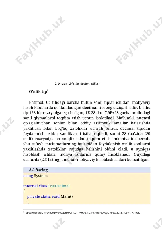 ahifani o’tkazish '\n' yangi qatorga o’tkazish '\r' kursorni ayni qatorning boshiga o’tkazish '\t' navbatdagi tabulyatsiya joyiga o’tkazish '\v' vertikal tabulyatsiya '\u' unicode ketma-ketligi '\'' bittalik qo’shtirnoq, (sleshdan keyingi apostrof), '\"' ikkilik qo’shtirnoq, (sleshdan keyingi) string tipi c# tilida standart char turiga qo’shimcha sifatida string turi kiritilgan va u string sinfi ko’rinishida amalga oshirilgan. bu turdagi satr uchun ‘\0’ belgisi tugash belgisi hisoblanmaydi va u oddiygina belgilar massivi sifatida qaraladi. char tipidagi o’zgaruvchini initsializatsiyalash bittalik apostrof(‘ ’) ichida bo’lsa, string tipidagi o’zgaruvchida esa qo’shtirnoq ishlatiladi(“”). masalan: string s="matn"; string s="a"; char c='a'; yuqoridagi s va c ning qiymatlari bir xil bo’lgani bilan, ular turli xil tipga tegishli bo’lgani uchun xotiradan turli qiymatdagi joyni egallaydi. satrlar bilan ishlashda ularning uzunligini hisobga olish muhim ahamiyatga ega. shuning uchun biz quyidagi funksiyani ko’rib o’taylik: string s="matn"; string c1 = ""; char c='a'; int n=s.length; int n1 = c1.length; bu yerda length – s satr …