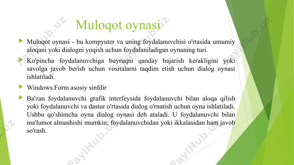 k) { // oqimni yozish kodi bu erga o'tadi. } tarkibni matn tahrirlovchisi ilovasida misol uchun streamwriter klassi kabi tegishli sinfdan foydalanib faylga saqlash mumkin . shrift va rangli dialog oynalari fontdialogbox foydalanuvchiga shrift parametrlarini tanlashga imkon berish uchun ishlatiladi. colordialogbox foydalanuvchiga rang tanlashga imkon berish uchun ishlatiladi. masalan, kod quyida keltirilgan. // shriftli dialog fontdialog fdlg = yangi fontdialog (); fdlg.showdialog (); txtex.font = fdlg.font; // rangli dialog colordialog cdlg = yangi colordialog (); cdlg.showdialog (); txtex.forecolor = cdlg.color; shrift dialogi quyida keltirilgan. rang dialogi quyida keltirilgan. ikkala holatda ham xususiyatlar va usullar mavjud. ular tanlangan qiymatlarni olish yoki dialog oynasi uchun qiymatlarni belgilash uchun ishlatilishi mumkin. custom dialog oynasi umumiy dialog oynalari foydali bo'lsa ham, ular domenga xos dialog oynalarining talablarini qo'llab-quvvatlamaydi. dasturchilar o'zlarining dialog oynalarini yaratishlari kerak. keyingi bosqichlar custom dialog box-ni yaratish jarayonini anglatadi o'zingizning loyihangizga solution explorer-da sichqonchaning o'ng tugmachasini bosish orqali shakl qo'shing, qo'shish-ni …