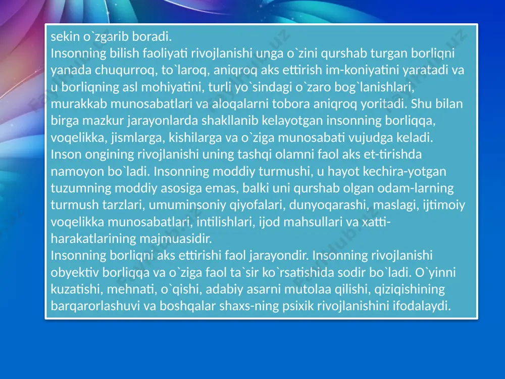 y ma`ruza, konspekt, taqriz, tezis, maqola, ko`rsatmali qurollar, loyiha, konsepsiya, san`atkor, artist va baxshi ijodiyoti kabilar kiradi. bular turli yoshdagi, jinsdagi va kasbdagi odamlar tomonidan yara-tilgan bo`lishi va shunga ko`ra shakli, mazmuni, sifati, originalli-gi, hajmi, ko`rinishi, xususiyati bilan bir-biridan keskin tafovut qilishi mumkin. ijodiyot (kreativlik) testlari shaxsning ijodiy qobiliyatla-rini o`rganish va baholashga mo`ljallangan bo`ladi; ular ijodkor shaxsning hayotiy tajribasini tahlil qilishga va ijodkor shaxsning individual xususiyatlarini (ijodiy tafakkur va uning mahsuldor-ligi: egiluvchanligi, tezkorligi topqirligi, originalligi, tanlov-chanligi, konstruktivligi va hokazo) o`rganishga yo`naltiriladi. mezonga mo`ljallangan (kriterial oriyentirlangan) testlartek-shiriluvchidan egallagan va kasbiy topshiriqlarni bajarish uchun yetarli yoki yetarli emasligini aniqlashga mo`ljallangandir. mezon (kriteriya) sifatida muayyan bilimlar tizimi mavjud yoki mavjud emasligi xizmat qiladi. mezonning yaratilishi uning mantiqiy-psixologik tuzilishini taxlil qilish asosida quriladi. bunda me-todika bilan mezonning psixologik mutanosibligi, relevantligi oldindan hisobga olinishi lozim. shaxsga oid yoki shaxslilik testlari: shaxsning ustanovkasi, qadriyatlarga munosabati, emotsional holatlari, motivatsiyasi, shaxs-lararo munosabatdagi sifatlari, xulq-atvorining tipik shakllari va hokazolarni …