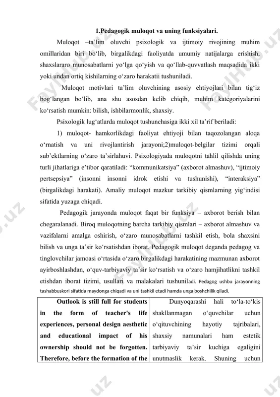 tashkil etadi hamda unga boshchilik qiladi. outlook is still full for students in the form of teacher's life experiences, personal design aesthetic and educational impact of his ownership should not be forgotten. therefore, before the formation of the teacher's attention toward the motivation for the aesthetics of the teacher schools plays an important role. dunyoqarashi hali to‘la-to‘kis shakllanmagan o‘quvchilar uchun o‘qituvchining hayotiy tajribalari, shaxsiy namunalari ham estetik tarbiyaviy ta’sir kuchiga egaligini unutmaslik kerak. shuning uchun o‘qituvchining jamoaga nisbatan diqqat motivlarini shakllantirishda avvalo tarbiyachining estetik jihatdan tarbiyalanganligi muhim ahamiyat kasb etadi. a.n.leontev pedagogik muloqotning tarbiyaviy-didaktik ahami​yatini baholar ekan, quyidagi fikrlarni bildiradi: faol pedagogik muloqot – o‘qituvchining, jamoaning ta’lim-tarbiya jarayonida tinglovchilarni bilish va o‘rganish kaliti va o‘quv faoliyatining ijodiy xarakteri, tinglovchi shaxsining shakllanishi uchun yaxshi sharoit yaratadigan, ta’lim-tarbiyada maqbul emotsional muhitni ta’minlovchi, ruhiy psixologik to‘siqlarning paydo bo‘lishini oldini oladigan, bolalar jamoasida ijtimoiy-psixologik jarayonlarni to‘g‘ri yo‘lga solib boshqarishni ta’minlaydigan va o‘quv tarbiyaviy jarayonda …