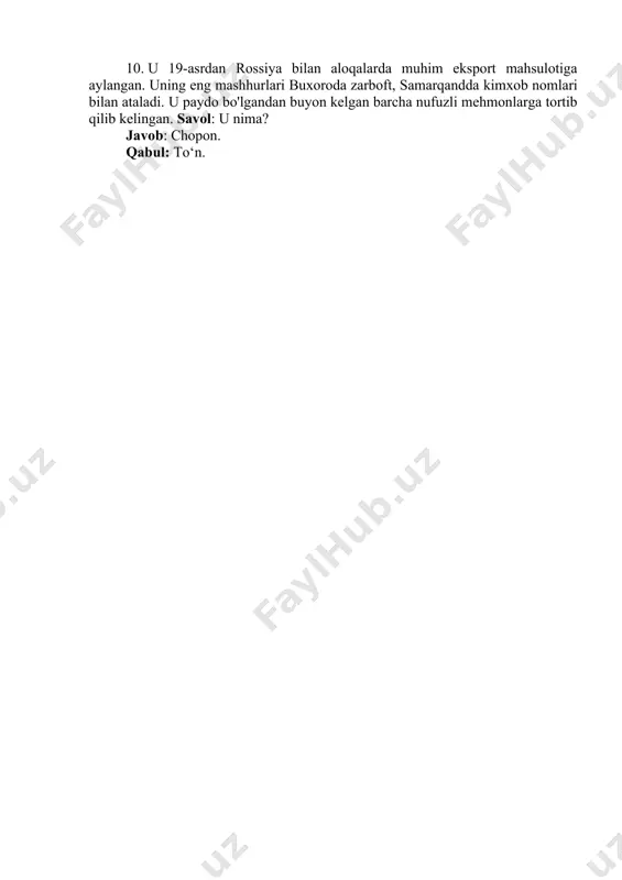 shug‘ullanadi ? javob: ko‘zi ojizlar. izoh: ko'rlar koptokdan chiqayotgan ovoz sababli koptokni yo'nalishini aniqlashadi. 12. amerikalik universitetlar talabalari 1950-70 yillar davomida iloji boricha yaxshiroq o‘qishga, universitetdan haydalib ketmaslikga harakat qilishgan. mutaxassislar bunga uni sabab qilib ko‘rsatishadi. savol: uni toponim qatnashtirgan holda yozib bering. javob: vyetnam urushi. izoh: o'sha yillari universitetdan haydalgan talabalar vyetnam urushiga olib ketilgan. 13. rossiyalik balerinachi ninel kurgapinaning xotirlashicha taniqli balet raqqosi rudolf nuriyeevdan so'ng sahnaga chiqqan vaqti ninelda muammolar kuzatilgan. muammoga sabab u edi. 1980-yillar sergey kuznetsov she'ri musiqasi asosida yaratilgan qo‘shiq nomida u ko‘rish mumkin. savol: uni yozib bering. javob: atirgul. izoh: nuriyeev o'z raqsini ijro etganidan so'ng uning muxlislari sahna tomon ko'plab atirgullar otishgan. nuriyeevdan keyin sahnaga chiqgan ninelda esa atirgul barglari sabab sahnada muammolar kuzatilgan. 14. buni qarangki, 1970-yil tashkil qilingan alfa o‘z nomini emu qushi nomidan olgan ekan, garchi emu ucholmaydigan qush hisoblansa ham. savol: alfani toponim qatnashtirgan holda bir xil harfdan …