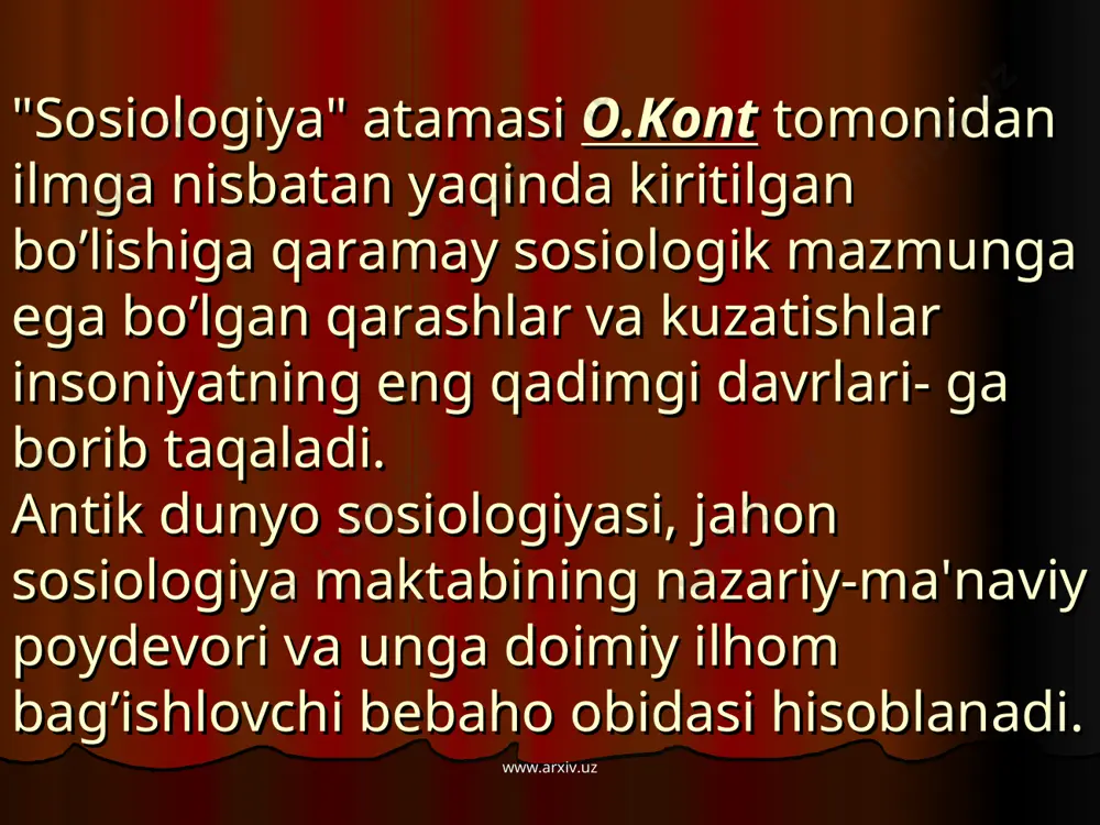 g ilm ma'rifatga intilishidan ko’zlangan bosh maqsadi atrof-muhitni,koinot moќiyatini anglashdan iboratdir.u "ilm ilm uchun" degan aqida asosida ish tutadi.antik dunyo olamining "oltin davri" da ijod qilgan mutafakkirlar qatoriga sakrat,levkipp, demokrit, platon, aristotel va boshљalarni kiritish mumkin.sokrat ning sosiologik qarashlarida tabiat va jamiyat jarayonlarida shunchalik ishtirok etish emas,balki unda qanday qilib yaxshi yashash, kamolatga erishish uchun san'at sirlarini bilish zarurligi g’oyasi etakchidir www.arxiv.uz www.arxiv.uz sokrat fikricha, inson faoliyati yaxshilik, savob, oriyat, insof haqidagi tushunchalar mazmunidan iborat bo’lib, bu tushunchalarni shaxs qanday tushunishi katta ahamiyatga ega. shunday ekan, inson faoliyatini yaxshilash uchun uning fe'l-atvori va tarbiya to’g’risidagi qarashlari, tushunchalarini tartibga solish zarurdir. www.arxiv.uz www.arxiv.uz . sokratning buyuk shogirdi platon ijtimoiy taraqqiyot va inson mavqei xususida bebaho fikrlar bayon etgan. platon "fileb" nomli asarida insonning ezgulikdan iborat faoliyati quyidagi talablarni bajarish asnosida ro’y berishi aytiladi: 1.ilohiy g’oya moќiyatini anglash; 2.ilohiy g’oya talablarini hayotga singdirish; 3.tafakkur va bilimlarga ega bo’lish; 4.ilm va san'atning biror …
