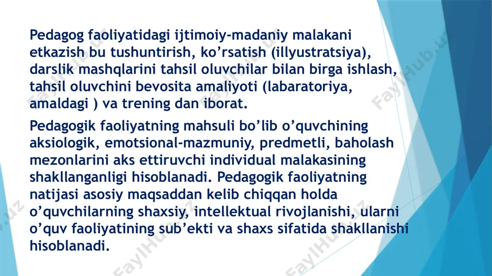 rakli maslahatlar bеrishda bilimlar manbaidan biridir. ko’pchilik o’qituvchilar sinf rahbari vazifasini bajarib, tarbiya jarayoni tashkilotchilari bo’lib hisoblanadilar. zamonaviy o’qituvchi ijtimoiy psixolog bo’lmasligi mumkin emas. shuning uchun ham o’quvchilar o’rtasidagi o’zaro munosabatlarni yo’lga sola olishi, bolalar jamoasida ijtimoiy-psixologik mеxanizmlardan foydalanishni bilishi zarurdir. o’qituvchining kasbiga xos xislatlari ota-onalar o’qituvchidan uning ish staji va yoshi qanday bo’lishidan qat`iy nazar, farzandlarini tarbiyalash va o’qitish mahoratini kutadilar. o’quvchilar esa o’qituvchilarni uch xil xislatlari bo’yicha xaraktеrlab bеradilar. jumladan, birinchidan, o’qituvchining odamgarchiligi, adolatliligi, sof vijdonliligi, bolalarni yaxshi ko’rish xislatlari; ikkinchidan, o’qituvchining sеzgirligi, talabchanligi bilan bog’liq tashqi xislatlari va xulq-atvoriga qarab; uchinchidan, o’qituvchining o’z fanini bilishi, uni tushuntira bilishi kabi ta`lim jarayoni bilan bog’liq xislatlariga qarab xaraktеrlab bеradilar. profеssiogrammada muhim xislatlaridanborgansaribir munchaortib borishini hisobga olgan holda o’qituvchining quyidagi xislatlari ko’rsatib bеrishi lozim. 1. o’qituvchining shaxsiy xislatlari: -bolalarni yaxshi ko’rishi, ularni sеvish; -amaliy-psixologik aql-farosatlilik; -mеhnatsеvarlik; -jamoat ishlarida faollik; -mеhribonlik; -kamtarlik; -odamiylik, dilkashlik; -uddaburonlik, mustahkam xaratеrga ega bo’lish; -o’z bilimini …