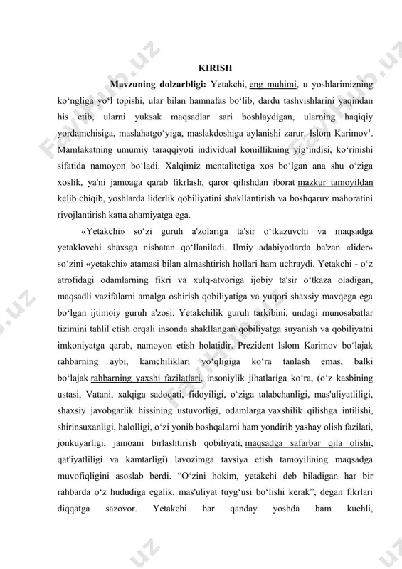 lik (antipatiya). shunday xodimlar ham borki, ular ma'lum xislatlari bilan jamoaning ko‘pchilik a'zolarini o‘ziga jalb qiladi, ular guruhning norasmiy tizimida yuqori mavqe egallaydi. psixologik talqin bo‘yicha jamoaning rasmiy tizimida yuqori mavqeni egallovchi xodim rahbar hisoblansa, norasmiy tizimda yuqori mavqeni egallovchi shaxs lider. kurs ishining maqsadi. fanni o‘qitishdan maqsad - talabalarni amaliyotchi psixologning kasbiy faoliyati va uning talablari, psixologik tarixi va uning shakllanish jarayoni, psixologiya fanining dolzarb masalalari, individ, shaxs, individuallik va shaxs psixik taraqqiyotining muammolari bilan tanishtirish, kasbiy faoliyatga doir masalalarini ongli ravishda tadqiq etish, psixologiyaga doir masalalarning yechimini topishda psixologiyaning imkoniyatlari mohiyatini tushuntirish va ularni qo‘llay olishga o‘rgatishdir. kurs ishining obyekti. o‘quv faoliyati borasidagi tarbiyalar kurs ishining vazifalari.talabalarda psixologning kasbiy faoliyati, psixologiya tarixi, psixologiyaning mohiyati, psixika va ong tushunchalari, psixik jarayonlar, holatlar, xususiyatlar haqidagi bilimlar bilan qurollantirishdan iborat. kurs ishining nazariy va amaliy ahamiyati. kurs ishida bayon etilgan ilmiy-nazariy xulosalardan oliy o‘quv yurtlarining talabalari, o‘rta maxsus ta’lim tizimi uchun …