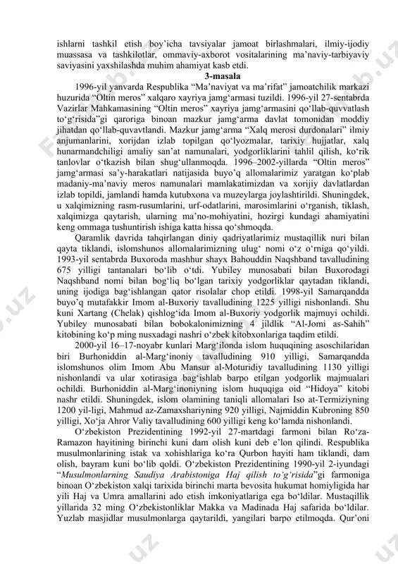ildi. samarqand va shahrisabzda o‘nlab tarixiy obidalar ta’mirlanib, qayta tiklandi, yangi inshoatlar qurildi, bog‘lar yaratildi. ushbu shaharlar markazida ko‘rkam amir temur maydoni barpo etildi va ulug‘vor haykal o‘rnatildi. bu shaharlarga “amir temur” ordeni topshirildi. amir temurning shaxsi butun ma’rifiy insoniyatning boyligi ekanligi tan olindi. 1997-yilda buxoro va xiva shaharlarining 2500 yilligi, 1999-yilda vatanparvar siymo, xalq qahramoni jaloliddin manguberdi tavalludining 800 yilligi nishonlandi. urganch shahrida jaloliddin manguberdi xotirasini abadiylashtiruvchi yodgorlik majmuyi barpo etildi. 2002-yuilda termiz shahrining 2500 yilligi, 2007-yilda samarqand shahrining 2750 yilligi, 2009-yilda toshkent shahrining 2200 yilligi, 2006-yil 27-oktabrda qarshi shahrining 2700 yilligi nishonlandi. 2006-yil 2-noyabr kuni xorazm ma’mun akademiyasining 1000 yilligi keng nishonlandi. keng nishonlandi. vatanimiz ozodligi yo‘lida shahid ketgan abdulla qodiriy, cho‘lpon, fitrat, usmon nosir va boshqa xalq jigarbandlarining nomi, izzat-ikromi, hurmati o‘z joyiga qo‘yildi, asarlari nashr etildi. prezident islom karimov tashabbusi bilan toshkent shahrining bo‘zsuv kanali bo‘yida qatag‘on davri qurbonlari xotirasini abadiylashtirish maqsadida “shahidlar xotirasi” yodgorligi majmuyi …