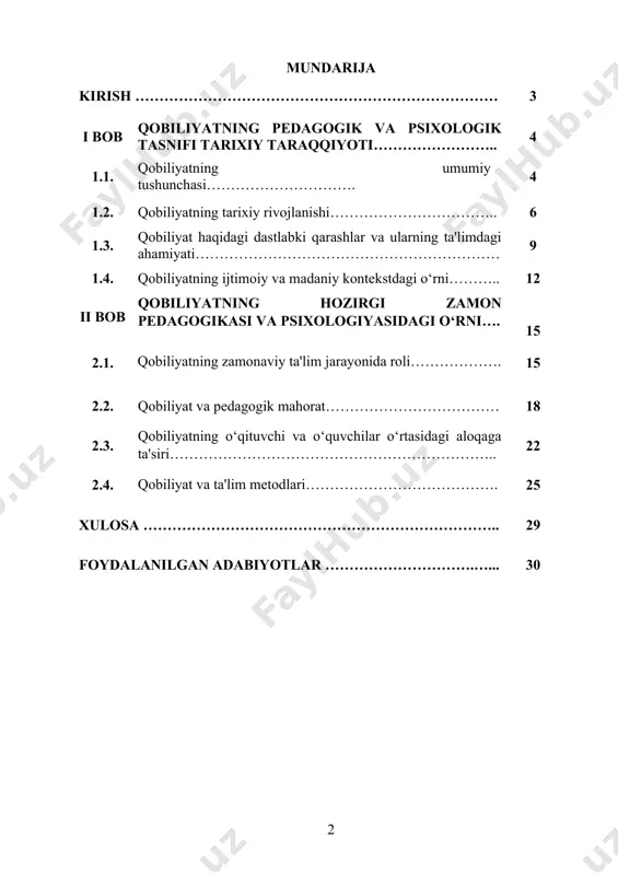 tizimida muhim ahamiyat kasb etadi va uni o‘rganish bugungi kunda dolzarb hisoblanadi. kurs ishining maqsadi: ushbu kurs ishining asosiy maqsadi qobiliyatning pedagogik va psixologik tasnifini ilmiy-nazariy jihatdan o‘rganish va uning ta'lim jarayonidagi ahamiyatini tahlil qilishdan iborat. qobiliyatning rivojlanish bosqichlari, pedagogik va psixologik nuqtai nazardan turlari, uni shakllantirish va rivojlantirish usullari ko‘rib chiqiladi. shuningdek, qobiliyatning o‘qitish jarayonida samaradorlikka ta'siri, pedagogik mahorat bilan bog‘liqligi va o‘quvchilar bilan o‘qituvchi o‘rtasidagi ta'limiy hamkorlikka qanday ta'sir qilishi tahlil etiladi. ushbu ishda qobiliyatning zamonaviy pedagogik texnologiyalar bilan integratsiyasi va innovatsion metodlarni qo‘llash orqali ta'lim sifatini oshirish imkoniyatlari ham o‘rganiladi. qobiliyatning pedagogik va psixologik tasnifi bo‘yicha mavjud ilmiy qarashlar tahlil qilinib, ta'lim tizimida uning ahamiyati va samaradorligi baholanadi. i bob. qobiliyatning pedagogik va psixologik tasnifi tarixiy taraqqiyoti. 1.1. qobiliyatning umumiy tushunchasi. qobiliyat insonning tug‘ma yoki orttirilgan holda egallagan imkoniyatlari va shaxsiy jihatlarining birikmasidir. u insonning muayyan faoliyatda muvaffaqiyatga erishish darajasini belgilaydi. bu tushuncha ko‘p qirrali bo‘lib, turli …