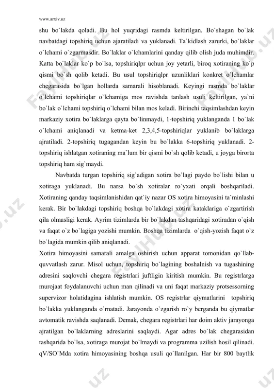 foydalanuvchining jarayon identifikatoriga yozib qo`yiladi. jarayon xotiraga murojaat qilganda ot jarayon identifikatorini xotira blokining kaliti bilan solishtiriladi, agar ular mos kelmasa murojaat amalga oshirilmaydi. xotiraning taqsimlashining muhim muammolaridan biri xotirani samarali bo`linishidir. jarayonlar ishlashida xotiraning topshiriq sig`maydigan va o`zaro kesishmaydigan bo`sh xotira bo`laklari paydo bo`lishi mumkin. bunda bo`sh bo`laklar yig`indisiga topshiriq sig`adigan taqdirda ham u xotiraga yuklanmaydi. xotirani taqsimlashning yana bir usuli-bo`laklarni siljitishdir. har bir jarayon tugashi bilan boshqa bo`laklar xotiraning biron chegarasi tomon suriladi. natijada bo`sh bo`laklar chegarada yig`iladi va bu joyga navbatdagi topshiriqni yuklash mumkin. bunda xotira samarali foydalaniladi, lekin bo`laklarni ko`chirish jud ko`p qo`shimcha ish talab qiladi va ayrim hollarda usul samarasini yo`qqa chiqarishi mumkin. ko`chuvchi bo`laklar bilan ishlashda programmani ko`chirish bilan bog`liq muammolar kelib chiqadi. misol uchun programmada 4 format buyrug`i quyidagi ko`rinishda bo`lsin. +sta buff2 of108108 (8108 buff2) bu buyruq absolyut adres bilan ishlaganligi uchun bo`lak ko`chgandan keyin bu adresga boshqa bo`lakdagi xotira mos kelishi …