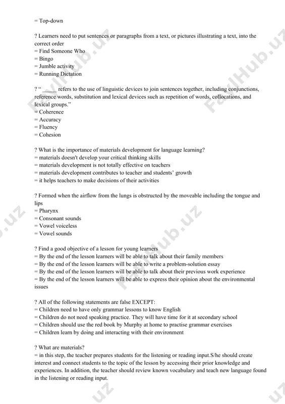 opment contributes to teacher and students’ growth = it helps teachers to make decisions of their activities ? formed when the airflow from the lungs is obstructed by the moveable including the tongue and lips = pharynx = consonant sounds = vowel voiceless = vowel sounds ? find a good objective of a lesson for young learners = by the end of the lesson learners will be able to talk about their family members = by the end of the lesson learners will be able to write a problem-solution essay = by the end of the lesson learners will be able to talk about their previous work experience = by the end of the lesson learners will be able to express their opinion about the environmental issues ? all of the following statements are false except: = children need to have only grammar lessons to know english = children do …