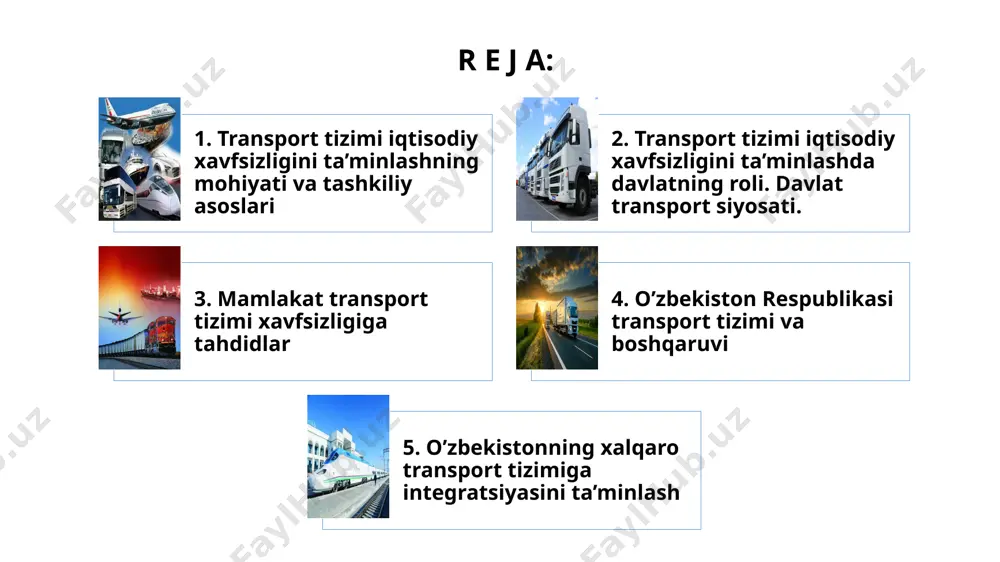 lmiy salohiyatini rivojlantirish uchun ajratilgan mablag'lar darajasi (yaimga nisbatan foiz hisobida); 6. milliy bozorda xorijiy va mahalliy yuk tashish kompaniyalarining jami yuk tashish ishlarini tashkil etishdagi ulushi transportga bo‘lgan ehtiyojni to‘liq qondirishni ta’minlaydigan hamda jamiyatning xavfsizlik va ekologik tozalik nuqtai nazaridan ehtiyojlarini qondiradigan yuk va yo‘lovchi tashish tizimini shakllantirish transportni rivojlantirishning strategik maqsadi hisoblanadi. ushbu maqsadga erishish uchun quyidagi vazifalar amalga oshiriladi turli mulkchilik shaklidagi transport korxonalari o’rtasida raqobat va o‘zaro hamkorlik muhiti asosida transport xizmatlari bozorini shakllantirish transport tizimini texnik qayta jihozlash va yuqori samarali transport texnologiyalarini joriy etish transportni rivojlantirishning me’yoriy-huquqiy asoslarini yaratish, jamoat transport xizmatlari ko‘rsatish va yuk tashishda umumiy xavfsizlik va ekologik tozalikni kafolatlash milliy transport tizimini jahon transport tizimiga o'zaro manfaatli integratsiyalashuvini ta’minlash 2. transport tizimi iqtisodiy xavfsizligini ta’minlashda davlatning roli. davlat transport siyosati. transport sohasini davlat tomonidan tartibga solish transport sohasini davlat tomonidan tartibga solish litsenziyalash, sertifikatlashtirish, ruxsat berish va xabardor qilish tartib-taomillarini qo‘llash, …