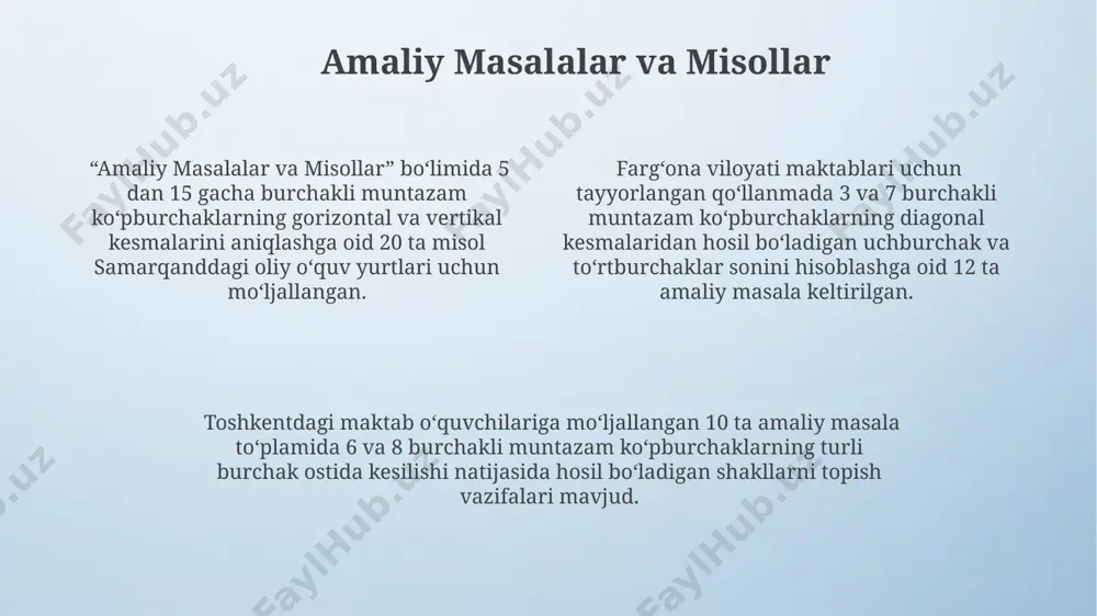 lan, 7 burchakli muntazam ko'pburchakni 3 ta turli tekislikda kesib o'tish natijasida hosil bo'ladigan 3 xil shakllarni o'z ichiga olishi mumkin, bu kesmalar toshkentdagi geometriya muzeyida namoyish etilgan. kesishmalarning xossalari kesishmalarning uzunligi va burchaklari, masalan, 5 burchakda hosil bo'lgan beshburchak kesishmaning uzunligi va burchaklari, xiva shahridagi o'rganishlarda aniqlangan formulalar yordamida hisoblanadi. to'g'ri uchburchak kesishma hosil qilish uchun, 12 burchakda minimal 2 ta kesishma chizig'i o'tkazish kerak. bu esa 24 ta teng tomonli uchburchak hosil qilish imkonini beradi, toshkent universiteti olimlarining hisob-kitoblariga ko'ra… kesishmalar soni muntazam n-burchakning simmetriya guruhi tartibi bilan aniqlanadi, masalan, 6 burchakda 12 ta kesishma, 8 burchakda esa 16 ta turli kesishma bo'lishi mumkin. samarqanddagi tadqiqotlar shuni ko'rsatdiki… parallel kesishmalar parallel kesishmalar muntazam ko'pburchakni 2 yoki undan ortiq teng qismlarga bo'lishda, masalan, 6 qirrali muntazam ko'pburchakni 3 ta teng qismga bo'lishda, parallel tekisliklar orqali amalga oshirilishi mumkin. bu esa, har bir kesishma shaklini aniqlashga yordam beradi. parallel kesishmalar …