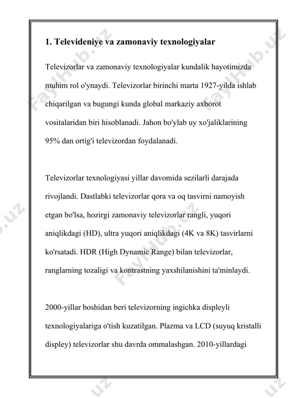 ishlab chiqishda davom etmoqda. 2. o‘zbekiston televideniyesining rivojlanish tarixi o‘zbekiston televideniyesining rivojlanish tarixi: o‘zbekiston televideniyesi o‘z faoliyatini 20-asrning o‘rtalarida boshlagan. o‘zbekiston ssr davrida, 1956-yil 5-noyabrda toshkentda birinchi televizion stansiya ishga tushirildi. bu o‘zbek televideniyesining dastlabki qadamlaridan biri hisoblanadi. dastlabki ko‘rsatuvlar haftada 2 marta va 2 soatdan davom etgan. signal hajmi 100 km radiusda tarqalgan. 1957-yilda o‘zbekiston televideniyesi o‘z dasturlarini haftada 5 marta va har kuni kechki soatlarda efirga uzatishni boshladi. 1958-yilga kelib, toshkentdan tashqari toshkent viloyatining ba'zi hududlarida ham efirga uzatiladigan bo‘ldi. 1966-yil 26-apreldagi toshkent zilzilasi paytida televideniye faoliyatida qisqa uzilishlar kuzatilgan bo‘lsa-da, dastur uzluksizligini tiklashga alohida e'tibor qaratildi. shu davrda televideniye tizimlarini modernizatsiya qilish ishlari boshlandi. 1970-yillarda o‘zbekistonning boshqa hududlarida ham televizion stansiyalar ochila boshlandi. masalan, 1974-yilda samarqandda, 1975-yilda buxoroda televizion markazlar ishga tushirildi. bu esa o‘zbekistonning qishloq hududlarida ham televideniyega bo‘lgan qiziqishni oshirdi. 1980-yillar o‘zbekiston televideniyesi uchun o‘sish va rivojlanish davri bo‘ldi. 1985-yilda respublika televideniyesi haftasiga 40 soatdan …