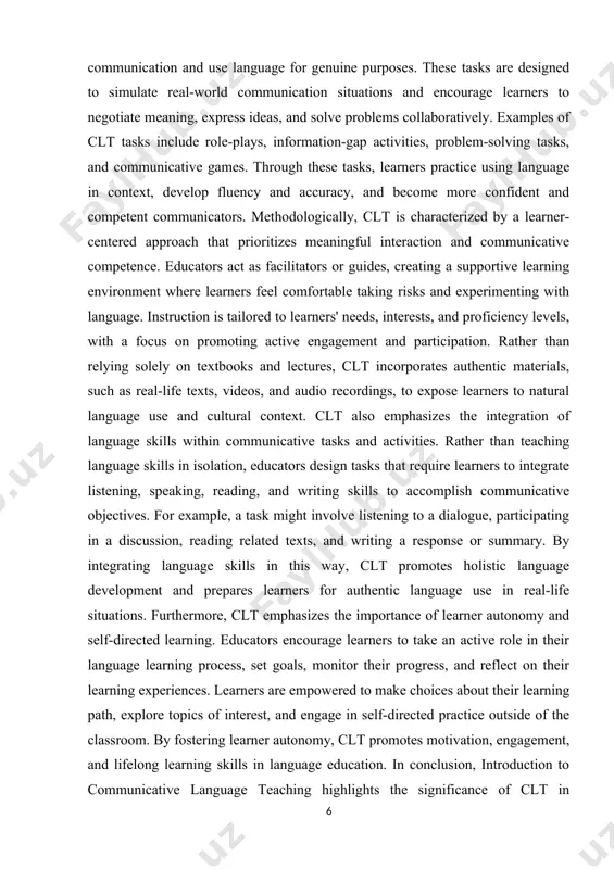 use and cultural context. clt also emphasizes the integration of language skills within communicative tasks and activities. rather than teaching language skills in isolation, educators design tasks that require learners to integrate listening, speaking, reading, and writing skills to accomplish communicative objectives. for example, a task might involve listening to a dialogue, participating in a discussion, reading related texts, and writing a response or summary. by integrating language skills in this way, clt promotes holistic language development and prepares learners for authentic language use in real-life situations. furthermore, clt emphasizes the importance of learner autonomy and self-directed learning. educators encourage learners to take an active role in their language learning process, set goals, monitor their progress, and reflect on their learning experiences. learners are empowered to make choices about their learning path, explore topics of interest, and engage in self-directed practice outside of the classroom. by fostering learner autonomy, clt …