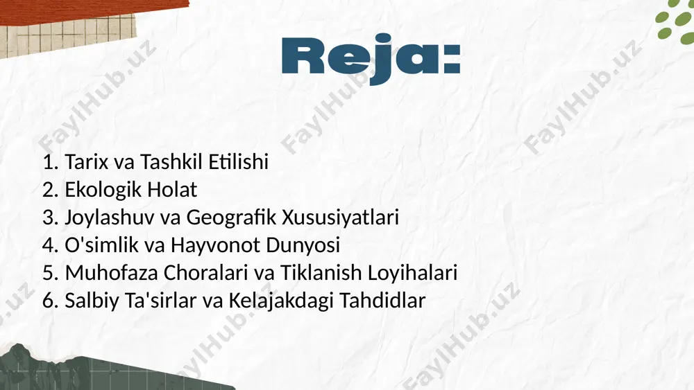 dida tuproqning qurishi va eroziyasi tufayli o'simlik qoplami 50% ga kamaygan, ammo yangi cho'l turlari kengaymoqda. o’simlik va hayvonot dunyosi biotic factors abiotic factors orolqum milliy tabiat bog'ining o'simlik dunyosi cho'l sharoitlariga moslashgan bo'lib, 36 dan ortiq tur aniqlangan. bularga saksovul, cherkez, juzg'un, qamish, tamarisk, tsistanch, salsola richterii, ammodendron conollyi va kandim kiradi. ushbu o'simliklar tuproq eroziyasini oldini olishda muhim rol o'ynaydi, lekin salinizatsiya va qurg'oqchilik tufayli o'sish qiyinlashmoqda. o’simlik va hayvonot dunyosi biotic factors abiotic factors hayvonot dunyosida cho'l turlari ustunlik qiladi: sayg'oq, bo'ri, chiyabo'ri, tulki, quyon, yovvoyi cho'chqa, yovvoyi mushuk, borsiq; qushlardan boyo'g'li, qarg'a, cho'l chumchuqlari, cho'l to'rg'aylari, flamingo, burgut; sudralib yuruvchilardan chipor ilon, o'rta osiyo toshbaqasi va kaltakesaklar. qizil kitobga kiritilgan turlar orasida sayg'oq (1990-yillardan beri populyatsiyasi 99,5% ga kamaygan, ammo 2024 yilda kamera tuzoqlari orqali yangi guruhlar aniqlangan), korsak, flamingo va burgut bor. muhofaza choralari va tiklanish loyihalari producers consumers decomposers orolqum milliy tabiat bog'i 2022 …
