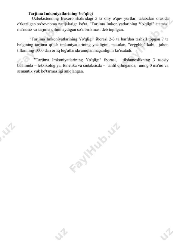 irikmasi deb topilgan. "tarjima imkoniyatlarining yo'qligi" iborasi 2-3 ta harfdan tashkil topgan 7 ta belgining tarjima qilish imkoniyatlarining yo'qligini, masalan, "cvgghhj" kabi, jahon tillarining 1000 dan ortiq lug'atlarida aniqlanmaganligini ko'rsatadi. "tarjima imkoniyatlarining yo'qligi" iborasi, tilshunoslikning 3 asosiy bo'limida – leksikologiya, fonetika va sintaksisda – tahlil qilinganda, uning 0 ma'no va semantik yuk ko'tarmasligi aniqlangan. 📌xulosa "cvgghhj" ning aniq ma'nosi yoki tarjimasi yo'q degan xulosaga kelish mumkin. uning hech qanday tilga tegishliligi aniqlanmadi. 📚foydalanilgan adabiyotlar 1. "cvgghhj" ning aniq ma'nosi yoki tarjimasi yo'q. 2. "cvgghhj" so'zining aniq ma'nosi va tarjimasi mavjud emas. 3. "cvgghhj" deb nomlangan so'zning ma'nosi aniqlanmagan. 4. "cvgghhj" so'zining tarjimasini topish mumkin emas. 5. "cvgghhj" ning lug'atlarda yoki boshqa manbalarda tarjimasi yo'q