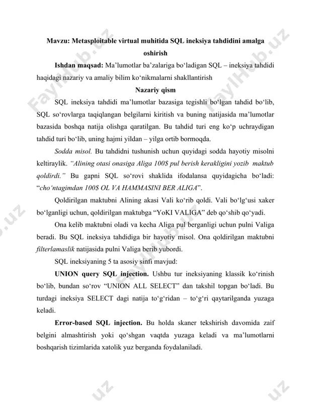 ct komandasidan tashqari buyruqlar (insert yoki delete) foydalanilgan holda va http so‘rovlarini tekshirish jarayonida nuqtali vergul (;) bilan almashtirish sodir bo‘lganda yuzaga keladi. boolean-based blind sql injection. ushbu turdagi ineksiya “ko‘r” ineksiya deb atalib, ma’lumotlar bazasidan zaiflik yaqqol ko‘rinmagan holda foydalaniladi. bunda sintaktik to‘g‘ri bo‘lgan so‘rovlarni kiritish orqali qaytarilgan mantiqiy javobga asoslanib natija aniqlanadi. time-based blind sql injection. bu to‘liq “ko‘r” ineksiya bo‘lib, unda so‘rovda quyi so‘rov kiritiladi va bu so‘rov ma’lumotlar ba’zasini boshqarish tizimining ishini bir muncha to‘xtatib turadi (sleep() yoki benchmark()). bu tahdid asosan taqiqlangan belgilarni tekshirmaslik natijasida kelib chiqadi. quyida ushbu zaiflikni o‘z ichiga olgan sql so‘rovi keltirilgan: statement = "select * from users where name = '" + username + "';" bu so‘rovga asosan aynan kerakli foydalanuvchi nomi ma’lumotlar bazasidan qidirilmoqda. agar bu so‘rov buzg‘unchi tomonidan username o‘rniga ' or '1'='1 kiritilsa, quyidigi so‘rov hosil bo‘ladi: select * from users where name = '' or '1'='1'; …