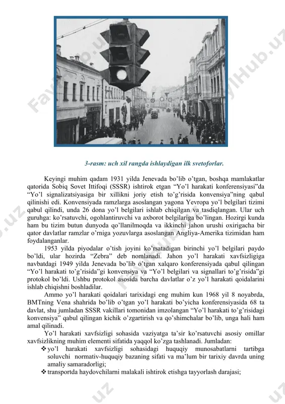 ydo bo’la boshladi. 1920 yillarda amerika qo’shma shtatlarda avtotransport vositalarining javobgarligini majburiy sug’urtalash paydo bo’ldi - transport vositalari egalarining ulardan foydalanish va jabrlanuvchilarning mulki, sog’lig’i yoki hayotiga zarar yetkazishi natijasida kelib chiqadigan majburiyatlar uchun fuqarolik javobgarligi bilan bog’liq majburiy sug’urta turi joriy qilindi. 2-rasm: 1914 yilda qo’shma shtatlarda ikkita signalli (yashil va qizil) birinchi elektr svetoforlar hozirgi ko’rinishdagi uch xil rangda ishlaydigan ilk svetoforlar 1920 yilda ixtirochilar uilyam pots va jon f.harris tomonidan ishlab chiqildi (3-rasm). bunday svetoforlar birinchi bo’lib aqshning detroyt hamda nyu-york shahridagi chorrahalarga o’rnatilgan. o’sha paytda pots va harris o’z svetoforiga patent olmagan edilar. aqshda uch xil rangda ishlaydigan svetoforga ilk patentni 1923 yilda garret morgan olgan. u avtomobil va ot qo’shilgan aravaning to’qnashuviga guvoh bo’lgach pots va harrisning ixtirosidan bexabar holda uch xil rangda yonadigan svetofor tayyorlaydi. shu tariqa garret morgan svetofor uchun patent olgan birinchi ixtirochi sifatida tarixda qolgan. 3-rasm: uch xil rangda ishlaydigan ilk …