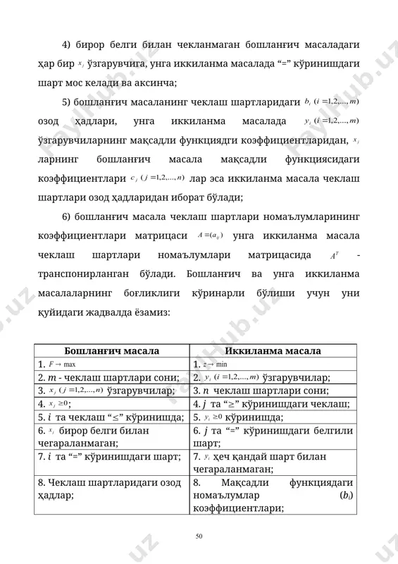 д нинг хусусий масалаларидан бирини умумий ҳолда қараймиз ва у бошланғич масала бўлсин. бу масалага иккиланма масала қуйидагича бўлади: охирги масалага иккиланма масалани тузсак, бошланғич масалани оламиз. энди чд бошланғич масаласи хусусий ҳолларининг уларга иккиланма масалаларини матрица кўринишда ёзамиз: бошланғич масала иккиланма масала i. , , , , . . ii. , , , , . . iii. , , , , . . iv. , , , , . . бунда иккиланма масаланинг номаълумлари сатр матрица бўлади. i ва ii иккиланма масалалар жуфтига симметрик, iii ва iv масалалар жуфтига эса “=” кўринишдаги чеклаш шартлари бўлганлиги учун симметрик бўлмаган масалалар дейилади. юқоридаги кўрсатилган тўртта ҳол билан чд исталган масаласининг унга иккиланма масаласини тузиш мумкин. энди бир неча мисоллар қараймиз: 1-мисол. , масалага иккиланма масалани тузинг. ечиш. бунинг учун 2-тенгсизликни (-1) кўпайтириб ушбу масалани ҳосил қиламиз: бу масалани 1 кўринишга келтирамиз; , бу ҳолда иккиланма масала қуйидагича бўлади: 2-мисол. ушбу масалага …
