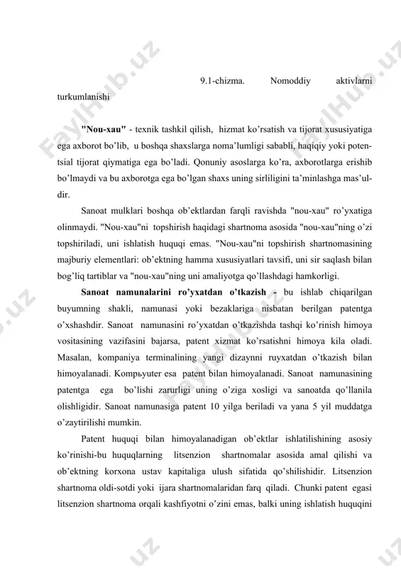 litsenziyalar misol bo’la oladi. albatta, bunda litsenziya bir yildan ortiq muddatga berilgan bo’lishi kerak. kashfiyot agar yangi kashfiyot bo’lsa va sanoatda qo’llanila olsa yoki ma’lum bo’lgan asbob-uskunalar, shtamp, kimyoviy moddalardan yangicha tarzda ko’llanilsa, ular ham qonuniy ravishda himoyalanishi mumkin. kashfiyotlarga patent 20 yilga beriladi va u kashfiyotning ustunliklarini, muallifligini tasdiqlovchi hujjat sanaladi va uni ishlatishga huquq beradi. savdo markalari va tovar belgisi. savdo markalari (masalan: nestle, adi-das) yoki savdo namunalari (koka-kola) kompaniyalar tomonidan mahsulot yoki xiz-mat uchun berilgan nomlar yoki identifikatsiyani aniqlovchi boshqa ramzlar ular egalik qilishni asosli ravishda olib borish uchun ruyxatdan o’tkazilishi mumkin. ruyxatdan o’tkazilgan savdo markalari va savdo namunalarini keyingi yillarga ham muddatni uzaytirish yo’li bilan xizmat muddatini yangilab turish mumkin. bu holda nomlar, ramzlar yoki mahsulot identifikatsiyasini belgilovchi boshqa ramz-lar huquqiy hisoblanadi. franchayzing — ma’lum bir formula, texnologiya yoki tashqi ko’rinishini qo’llash bo’yicha o’ziga xos huquq. franchayzing (masalan: kabel televideniyasi kom-paniyasi) odatda hukumat organlari tomonidan davlat …