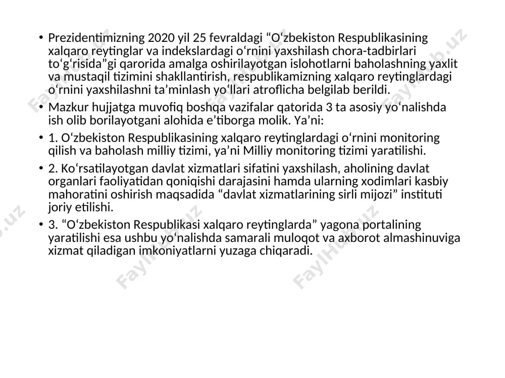 a mamlakatimiz o‘z pozitsiyasini yaxshilay olmagan. xalqaro reyting va indekslar bo‘yicha samaradorlikning eng muhim ko‘rsatkichlariga (kpi) erishishdagi mavjud muammolar «meros» jamg‘armasining iqtisodiy erkinlik indeksida o‘zbekistonning o‘rni pasaygan. «o‘zbekiston 177 ta davlat orasida 117-o‘rinni egallab, 2021 yilga nisbatan 9 pog‘onaga pasaygan va mamlakatimiz iqtisodiyoti «asosan erkin bo‘lmagan mamlakatlar» guruhida qoldi. indeksning «erkin savdo» ko‘rsatkichida o‘zbekistonning o‘rni rekord darajada yaxshilangandi: 2021 yildagi 163 ta o‘rindan 67-o‘ringa ko‘tarildi va markaziy osiyo davlatlari orasida yetakchilikni qo‘lga kiritdi. bundan tashqari, investitsiya, moliyaviy erkinlik va monetar erkinlik ko‘rsatkichlarida sezilarli o‘sish qayd etildi eng yomon ko‘rsatkich oliy sud mas’ul bo‘lgan «sud faoliyati samaradorligi» yo‘nalishi bo‘ldi. amaldagi 50,8 balldan 13,1 ballga (-37,7) pastlagan. moliya vazirligi mas’ul bo‘lgan «soliq yuki» va «fiskal salomatlik» ko‘rsatkichlarida ham ballarimiz pasayganligi hisobiga kpi'ga erishilmadi. iqtisodiy taraqqiyot vazirligi mas’ul bo‘lgan «biznes erkinligi» ko‘rsatkichida mamlakatimiz o‘rni 14,4 ballga pasayib, kpi'ga erishilmadi. bandlik vazirligi mas’ul bo‘lgan «mehnat bozori erkinligi» indeksida ham kpi'ga erisha olmadik. ko‘rib turganimizdek, …