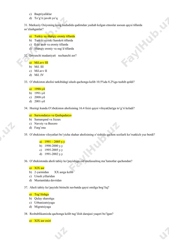 bo’yicha necha kishi yashaganligini ma’lim qiladi? a) 50-60 kishi b) 40-50 kishi c) 55-65 kishi d) 30-40 kishi 58. o’rta osiyo jamiyati ijtimoiy hayotidan dalolat beruvchi muhrlar paydo bo’lgani haqida kim ma’lumot beradi? a) a.asqarov b) o’. islomov c) k. shoniyozov d) v.v. bartold 59. qadimgi choch yoki shoshning shoshtepa deb qaysi tilda aytiladi? a) arabcha b) mo’g’ulcha c) sug’d tilida d) mahalliy 60. arablar istilosi sabab vayron bo’lgan qadimgi shoshda hayot birmuncha jonlangan davr – bu? a) xi – xii asrlar b) x – xi asrlar c) xii – xiii asrlar d) x asrda 61. toshkent haqidagi dastlabki aniq ma’lumotlar qaysi davrga tegishli? a) mil.avv ii va mil v asrlarga b) milodiy asr boshlariga c) mil.avv iv – iii asrlarga d) mil ii – iii asrlarga 62. toshkent haqidagi eng qadimiy manbalar – bu …. manbalaridir. a) xitoy b) arman c) yunon-rim d) mahalliy 63. chochning xitoychadan tosh ma’nosini …