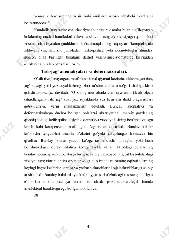 aning o’sib rivojlanishi uchun zarur bo’lgan oziq-ovqat mahsulotlarining yetishmovchiligi, modda almashinuv jarayonlarining buzilishi, surunkali ichki kasalliklar, infeksion kasalliklar misol bo’lishi mumkin”40. ko’pgina tish-jag’ anomaliyalari bolalarda ovqat luqmasini noto’g’ri chaynash, yaʼni faqat bir tomonlama chaynash, surunkli tarzda faqat yumshoq ovqat mahsulotlarini istemol qilish (yaʼni chaynalishi shart bo’lmagan ovqat luqmalari), burun-halqum xavo yo’lidagi obstruktiv jarayonlar oqibatida og’iz orqali nafas olish kabi holatlar natijasida yuzaga keladi. yangi tug’ilgan chaqaloqni emizishda ko’krakka doimo bir tomonlama qo’yish bolaning jag’ini chap yoki o’ng tomonlama qiyshayib o’sishiga majbur qiladi. bolaning tug’ruq davridagi shikastlanishlari ham yuz-jag’ sistemasini noto’g’ri shakllanishiga sababchi bo’lishi mumkin. ayniqsa chakka-yuqori jag’ bo’g’imining noto’g’ri shakllanishi katta deformativ talofatlarni yuzaga keltirishi mumkin. tish-jag’ anomaliyalariga ko’pincha tilini, lablarini va barmoqlarini yoki har xil predmetlarni (yostiq burchagi, qo’g’irchoqlarni yoki boshqa o’yinchoqlarni) so’rish kabi zararli odatlar sababchi bo’lishi mumkin. ayniqsa, 40 vaqtincha foydalanishi mumkin bo’lgan so’rg’ichlardan bolalarni muntazam ravishda foydalanish ularning tishlarini va jag’ suyaklarini noto’g’ri shakllanishiga sababchi bo’ladi. …